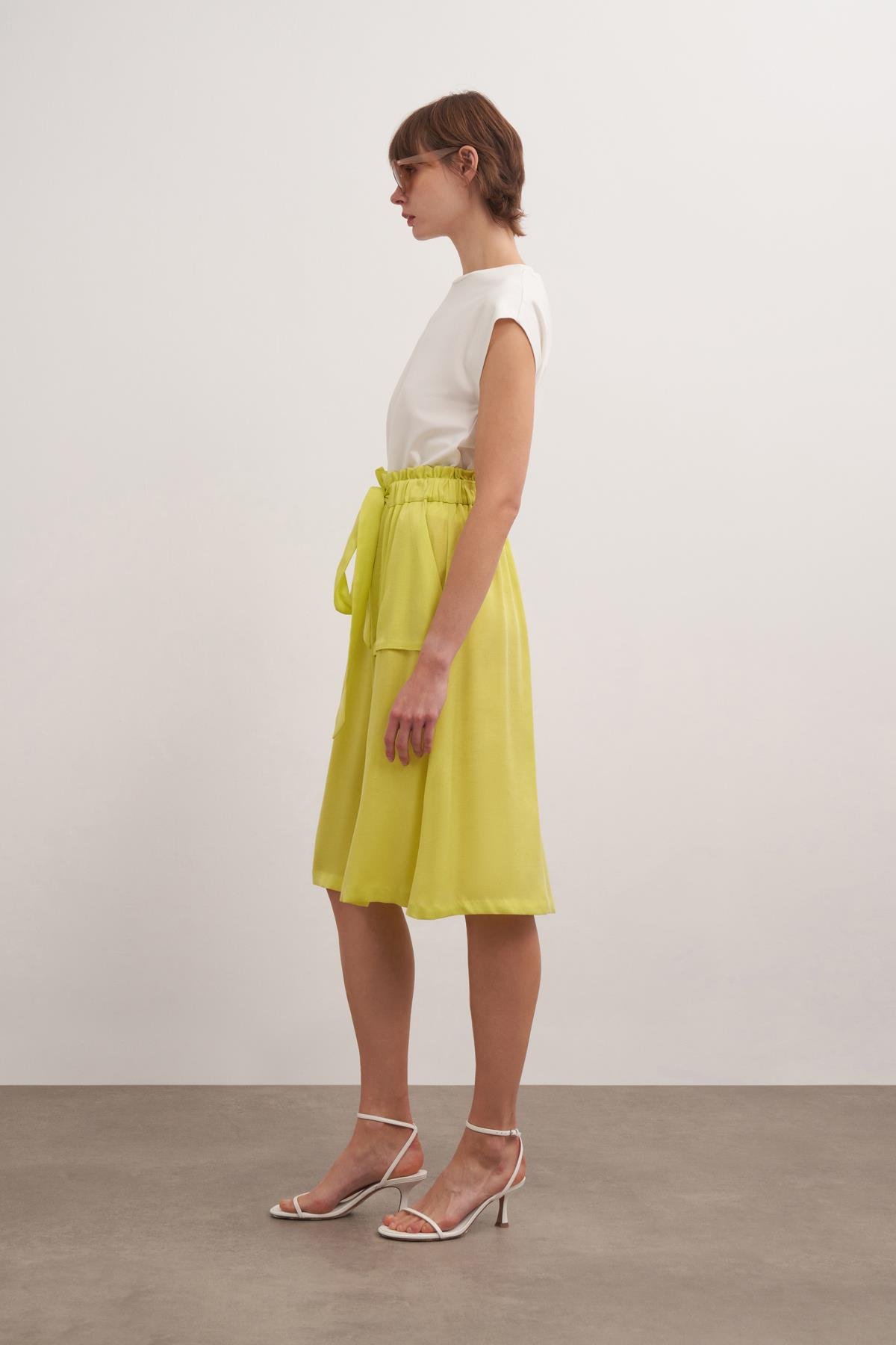 Beli Büzgülü Tencel Karışımlı Etek Limon