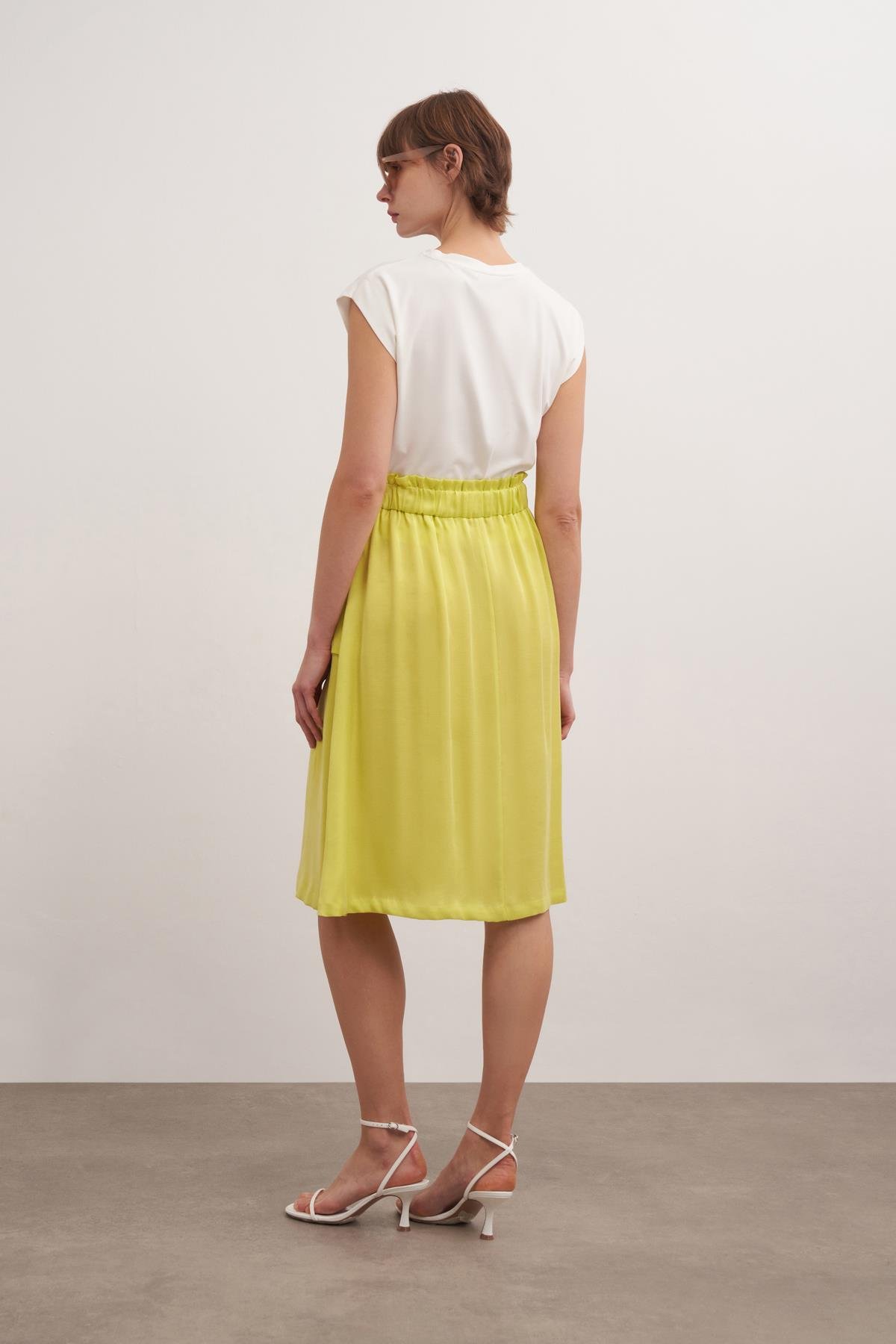 Beli Büzgülü Tencel Karışımlı Etek Limon