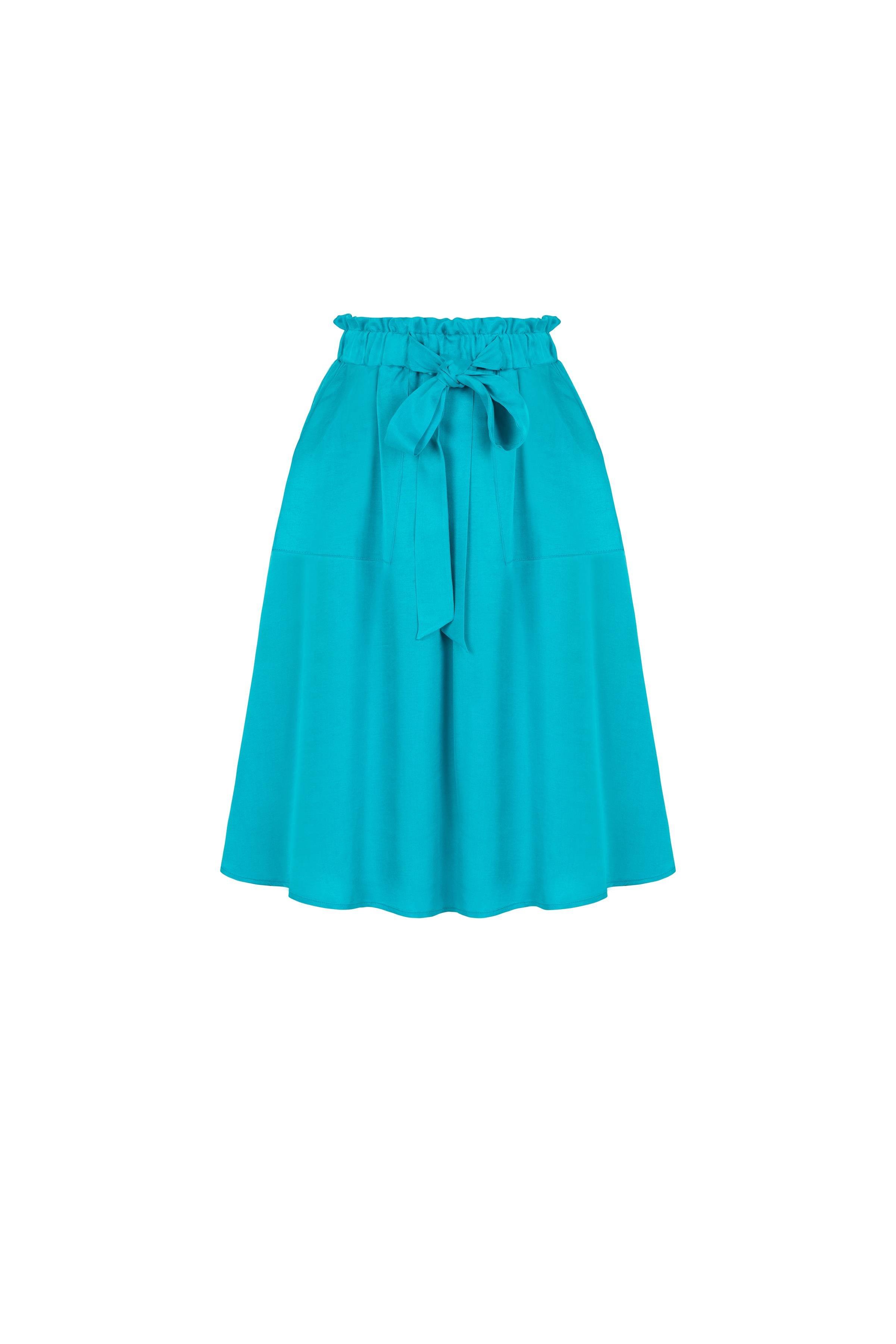 Beli Büzgülü Tencel Karışımlı Etek Su Mavisi