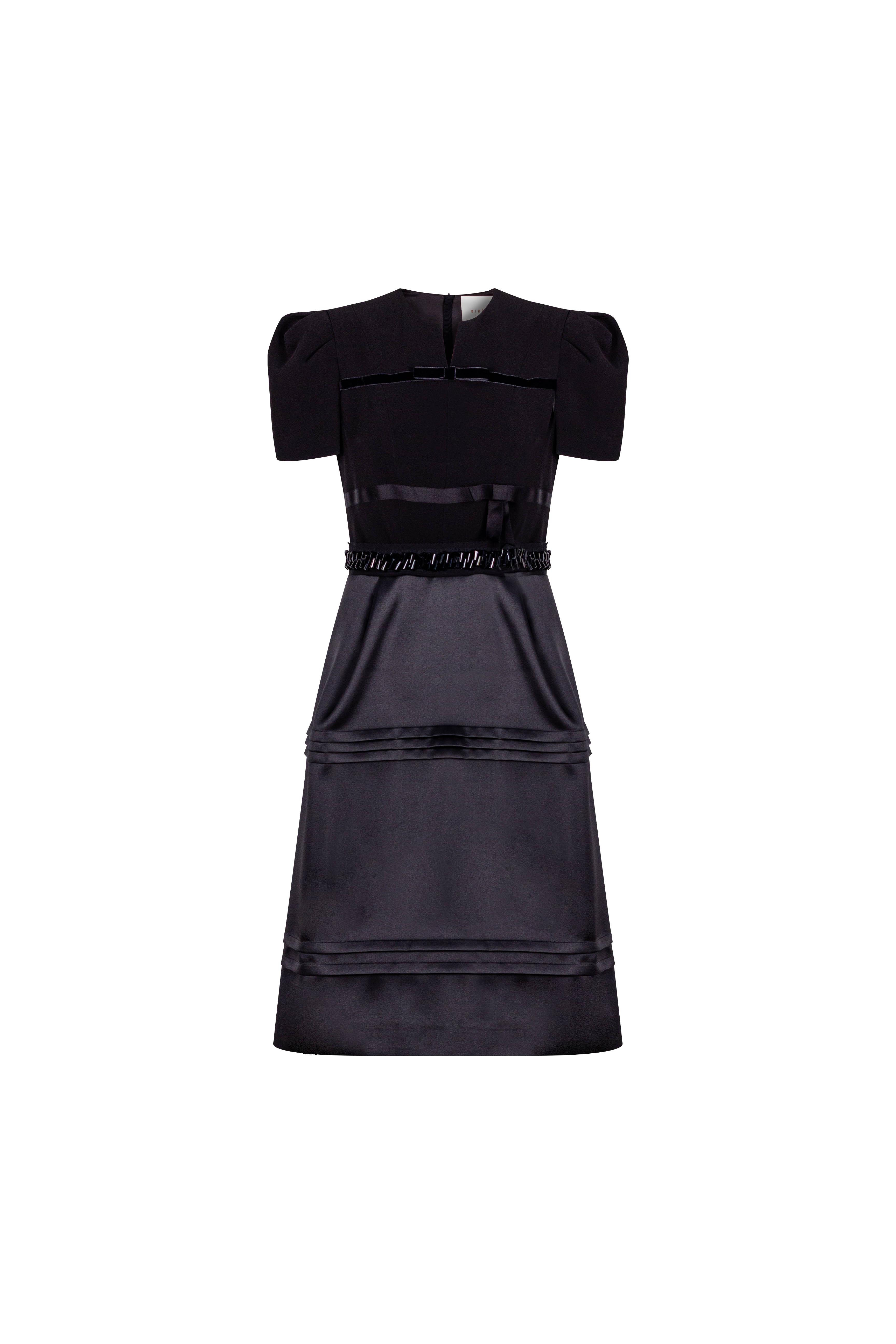 Beli Taş İşlemeli Grogren Detaylı Elbise Siyah