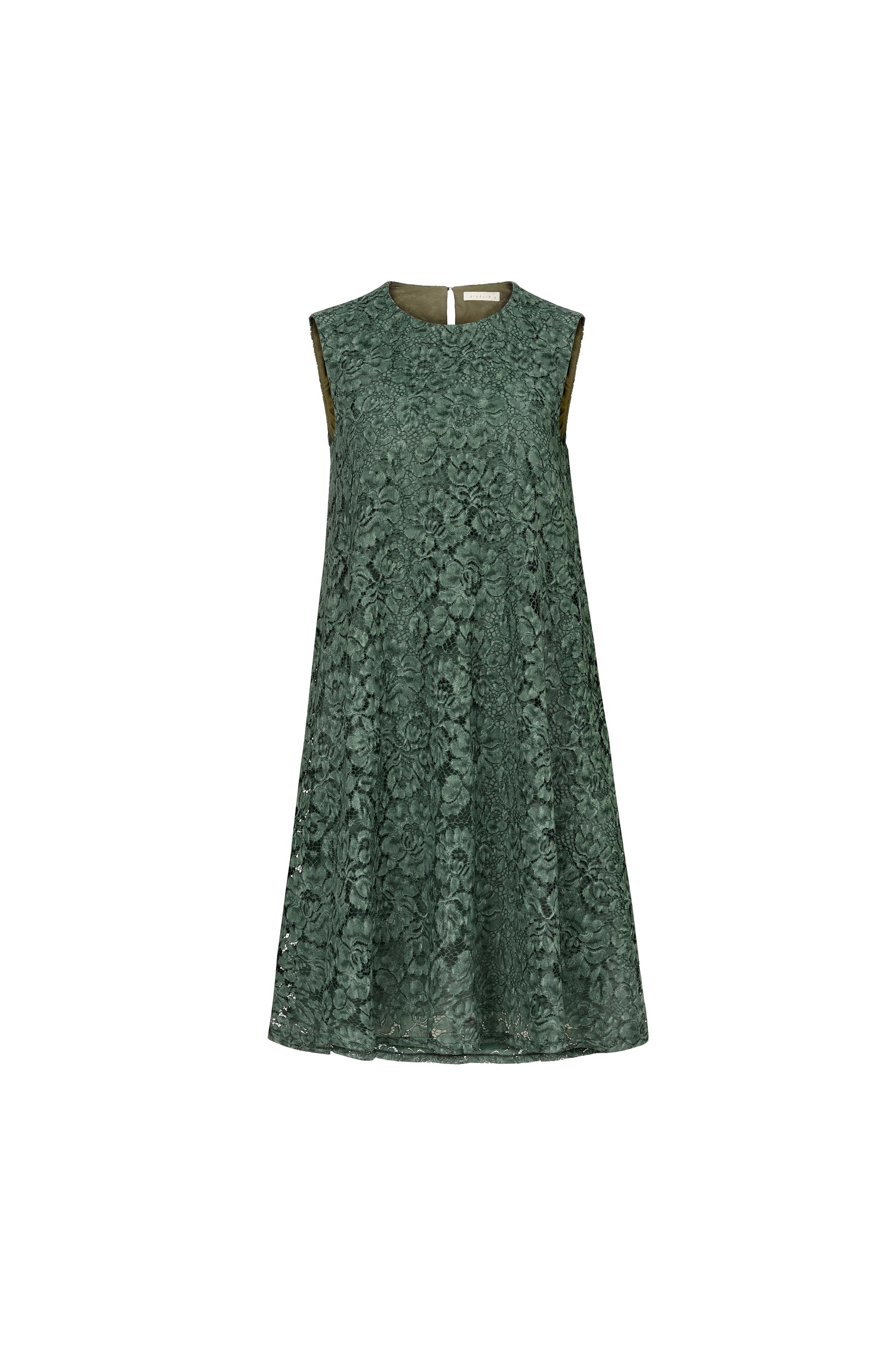 Crew-neck Lace Dress Dark Green