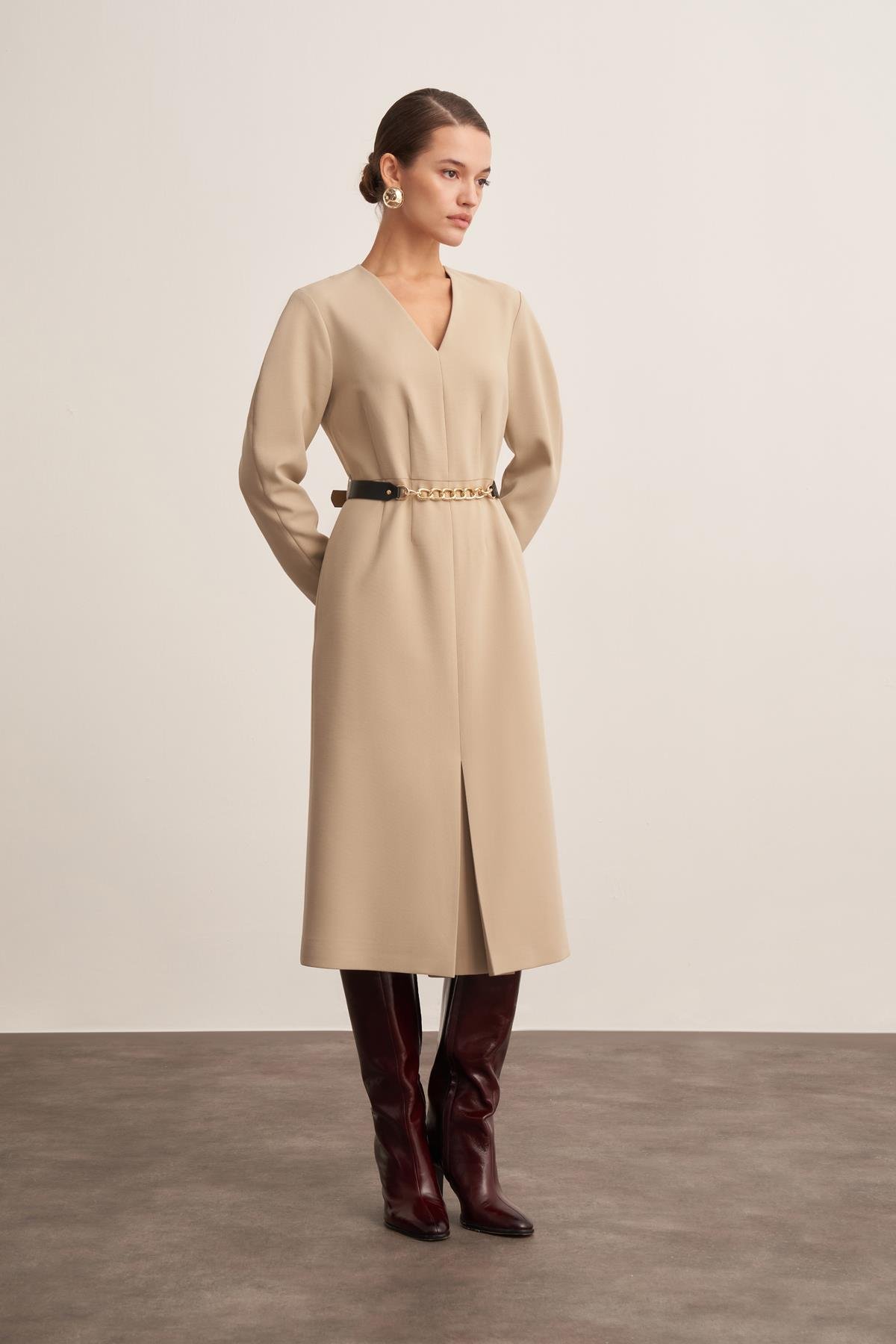 Çıkarılabilir Ön Panelli Kruvaze Bej Kadın Ceket