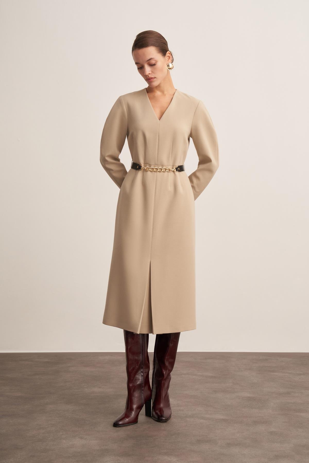 Çıkarılabilir Ön Panelli Kruvaze Bej Kadın Ceket