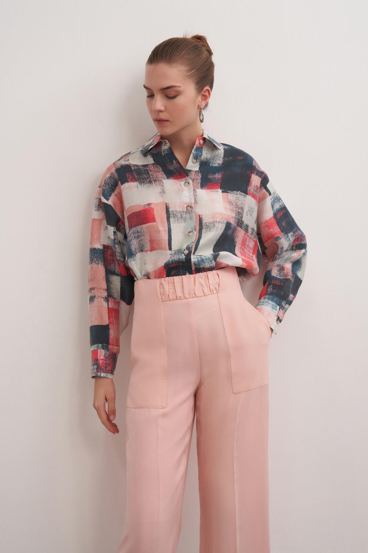 Desenli Keten Gömlek Baskı