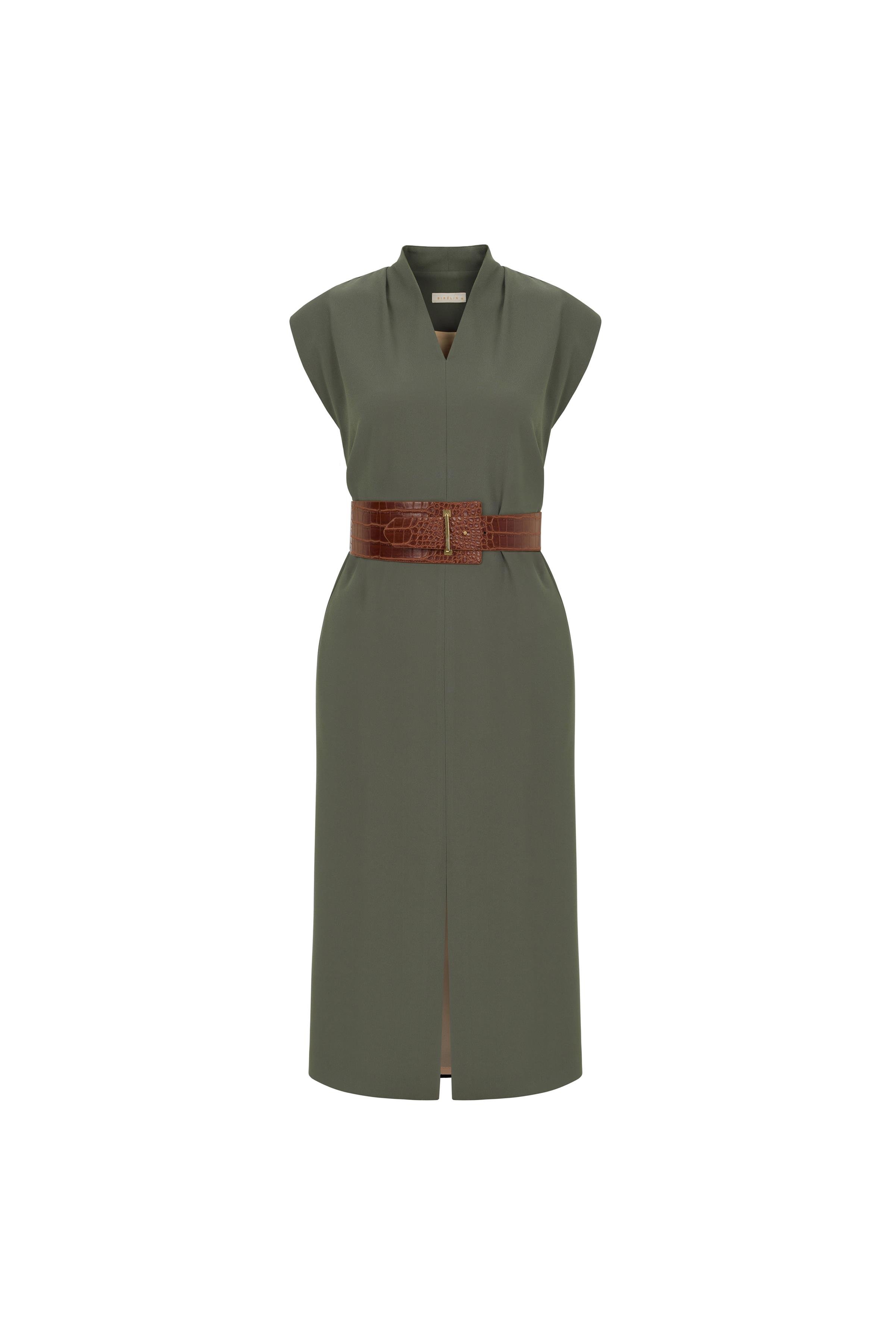 Dik Yakalı Krep Elbise Deniz Yosunu