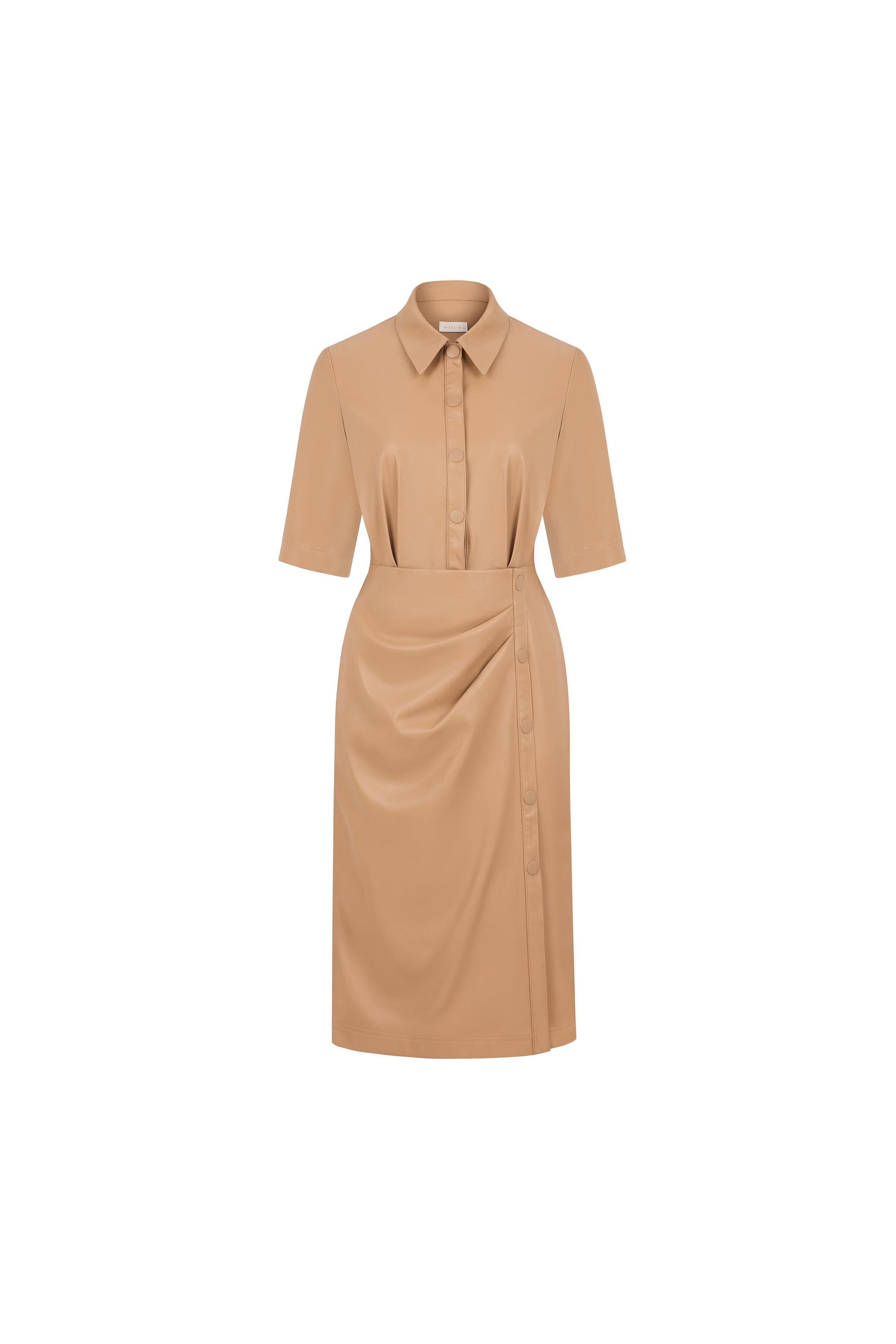 Faux Leather Dress With Draped Details Beıge