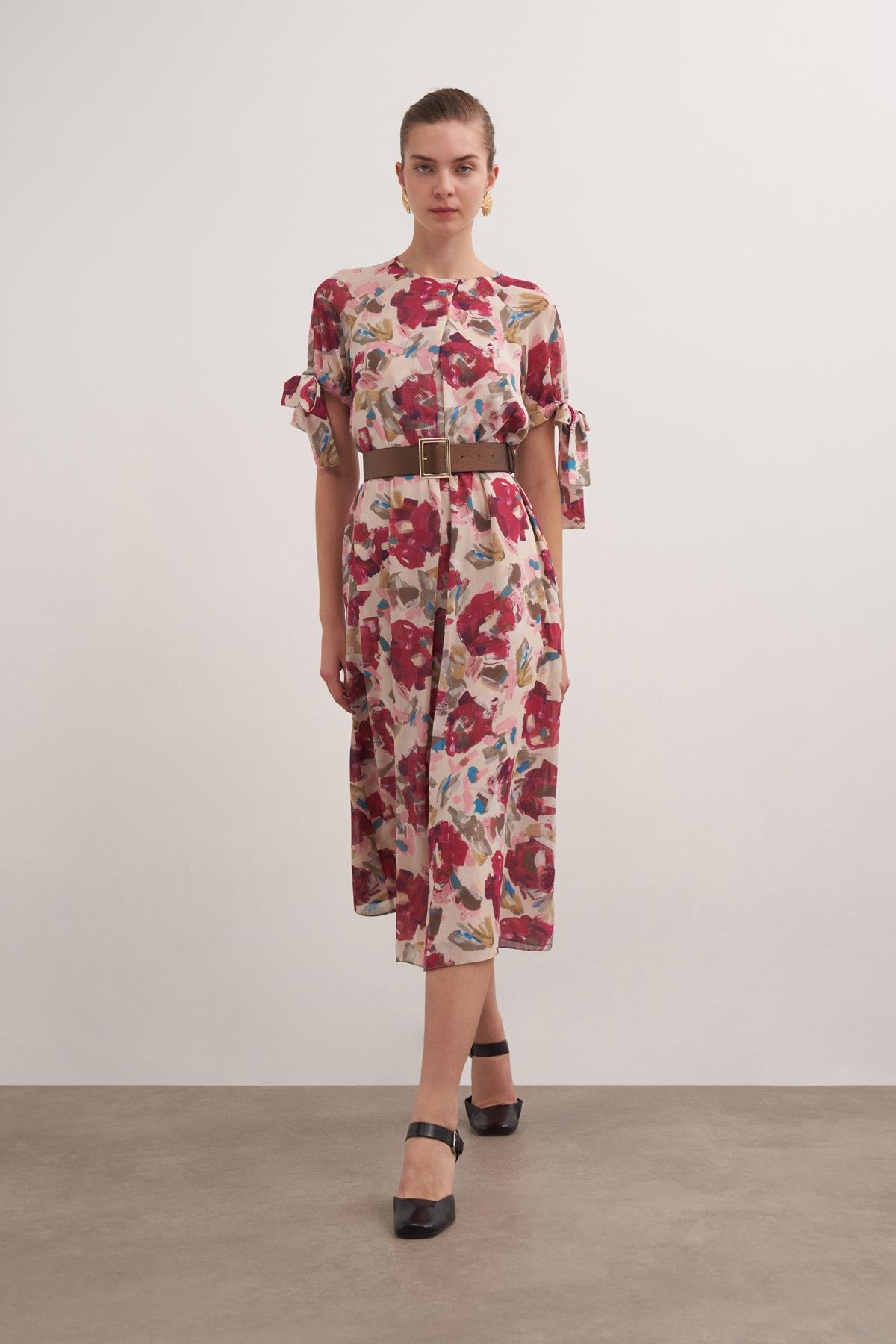 Patterned Chiffon Midi Dress Prınt