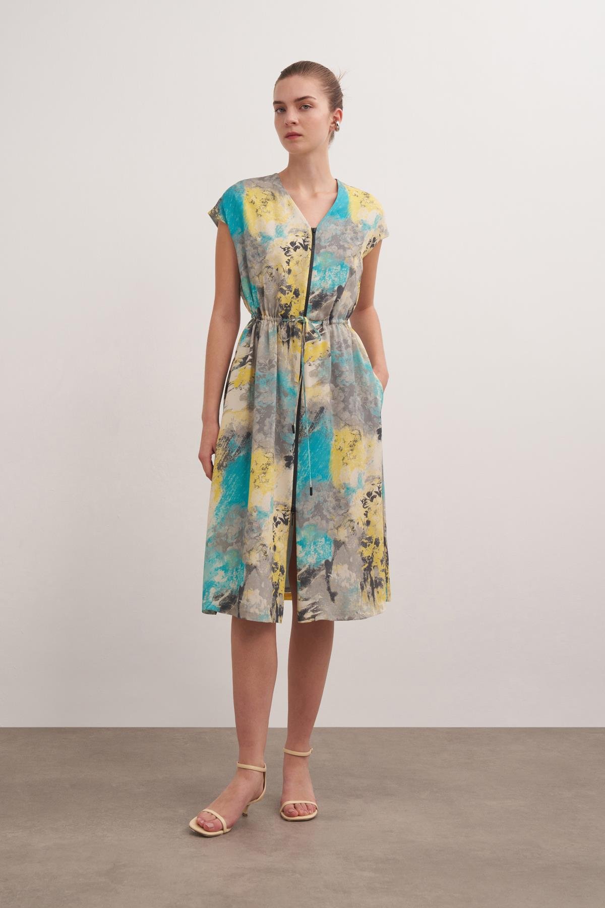 V Neck Cupro Dress Prınt