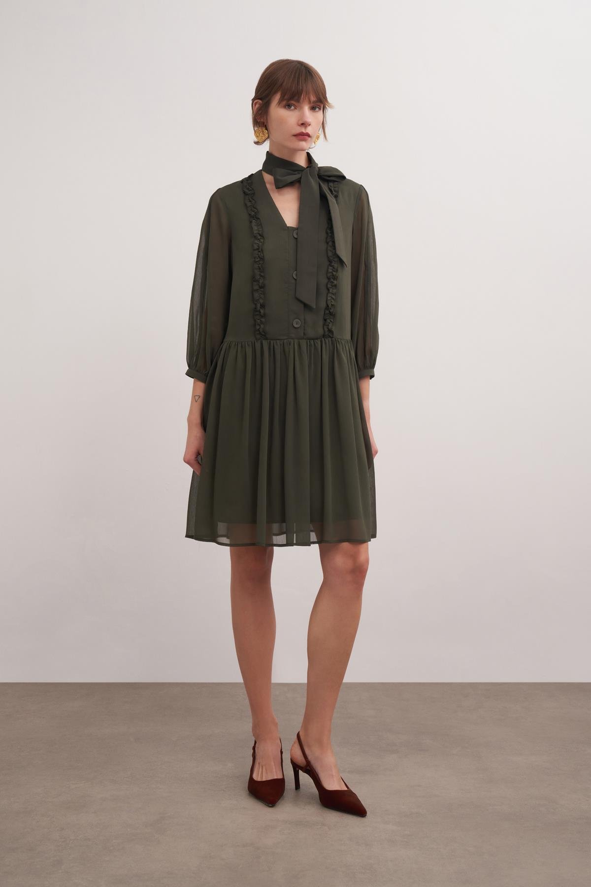 Tie-detail Pleated Chiffon Dress Sea Kelp