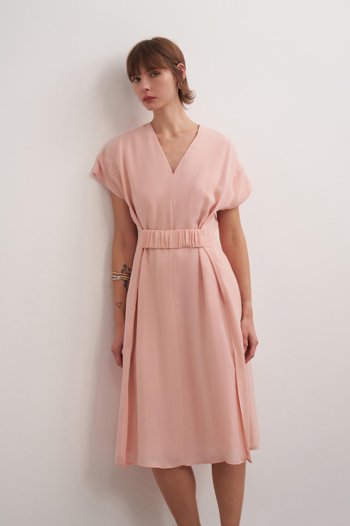 V Neck Cupro Dress Pınk