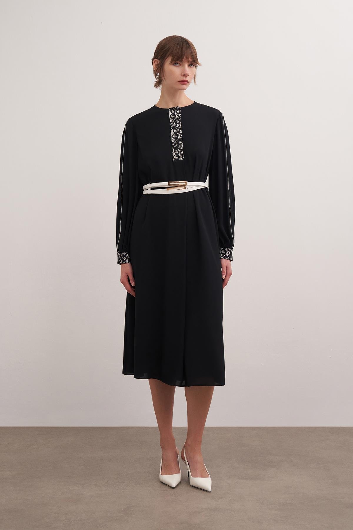 Lace-trim Draped Chiffon Dress Black