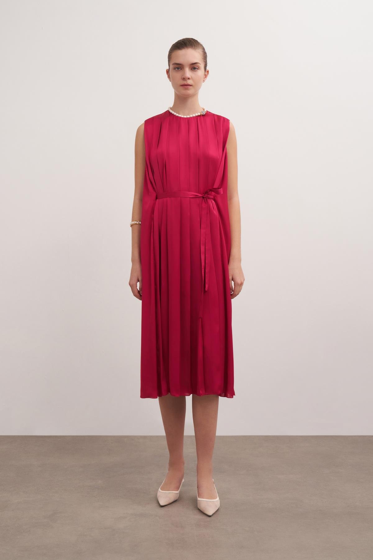 Pleated Satin Dress Cherry