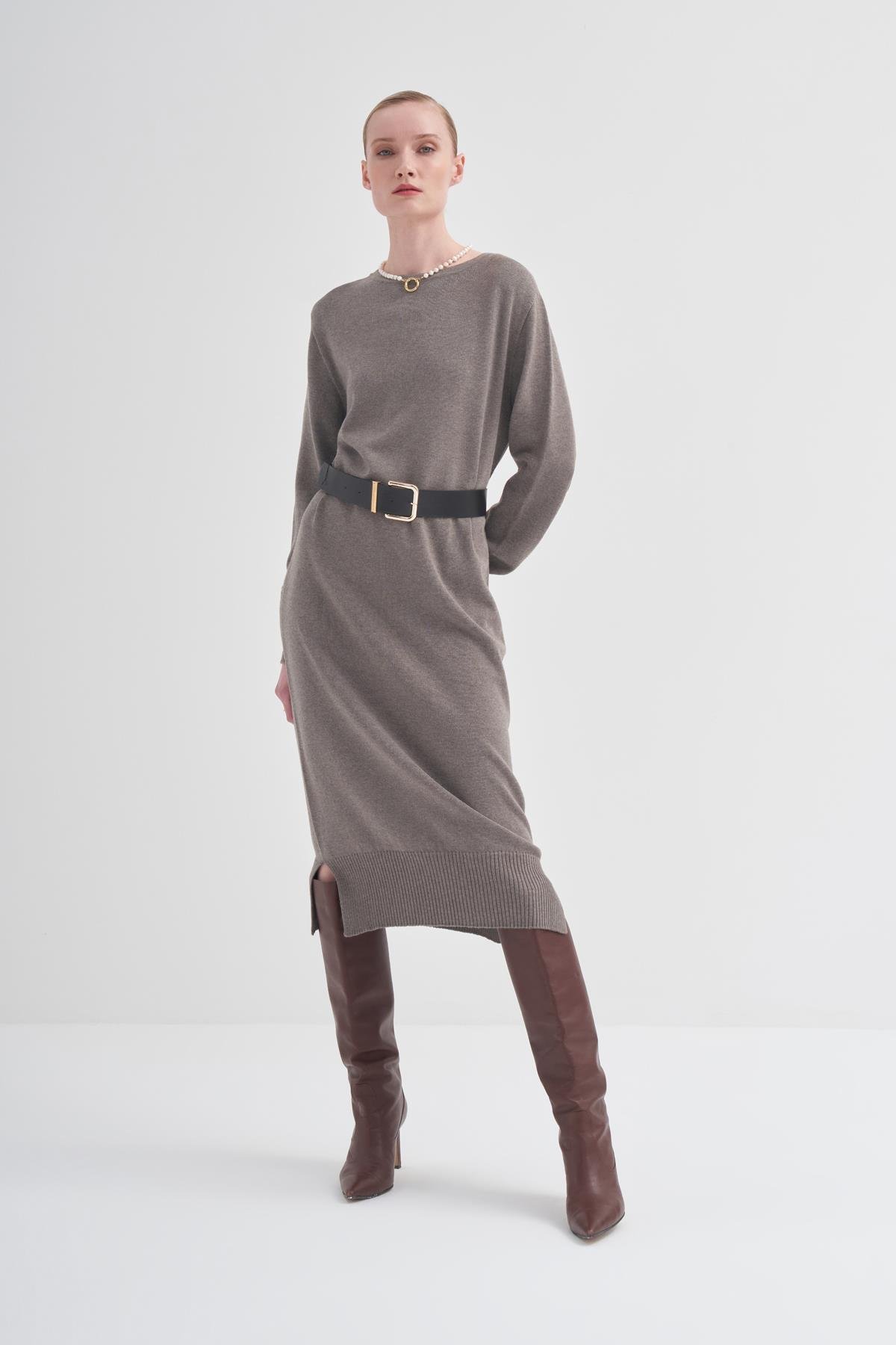 Belted Long Knitted Dress Mınk