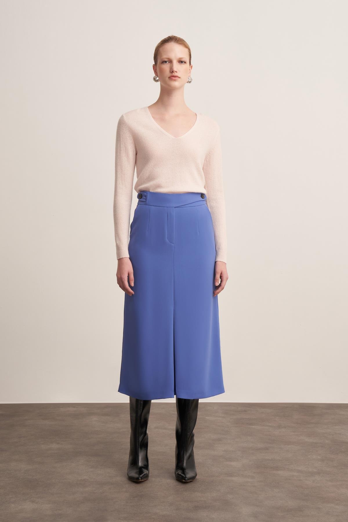 Düğme Detaylı Krep Mavi Midi Etek