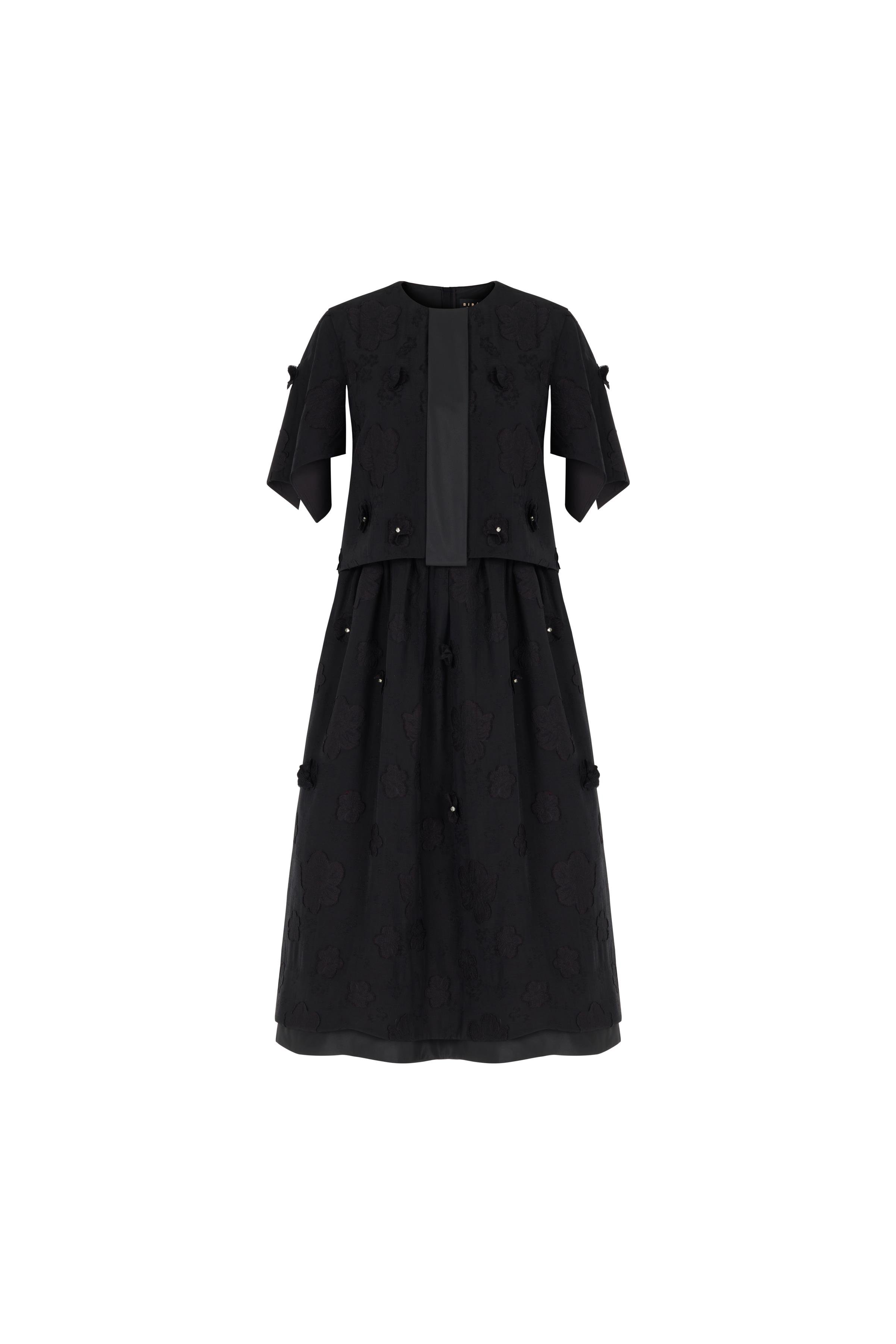 El İşçiliği 3 Boyutlu Çiçekli Elbise Siyah