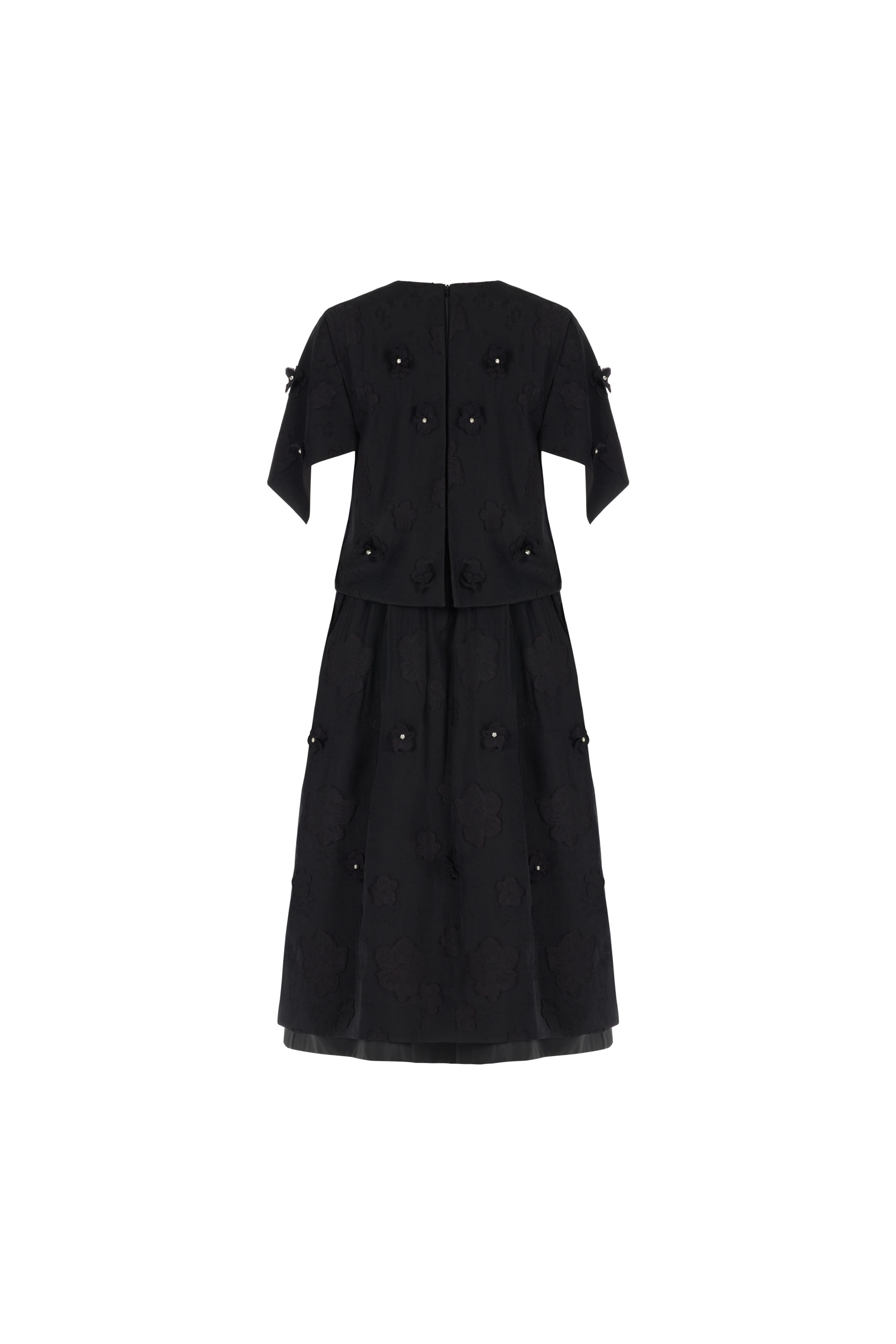 El İşçiliği 3 Boyutlu Çiçekli Elbise Siyah