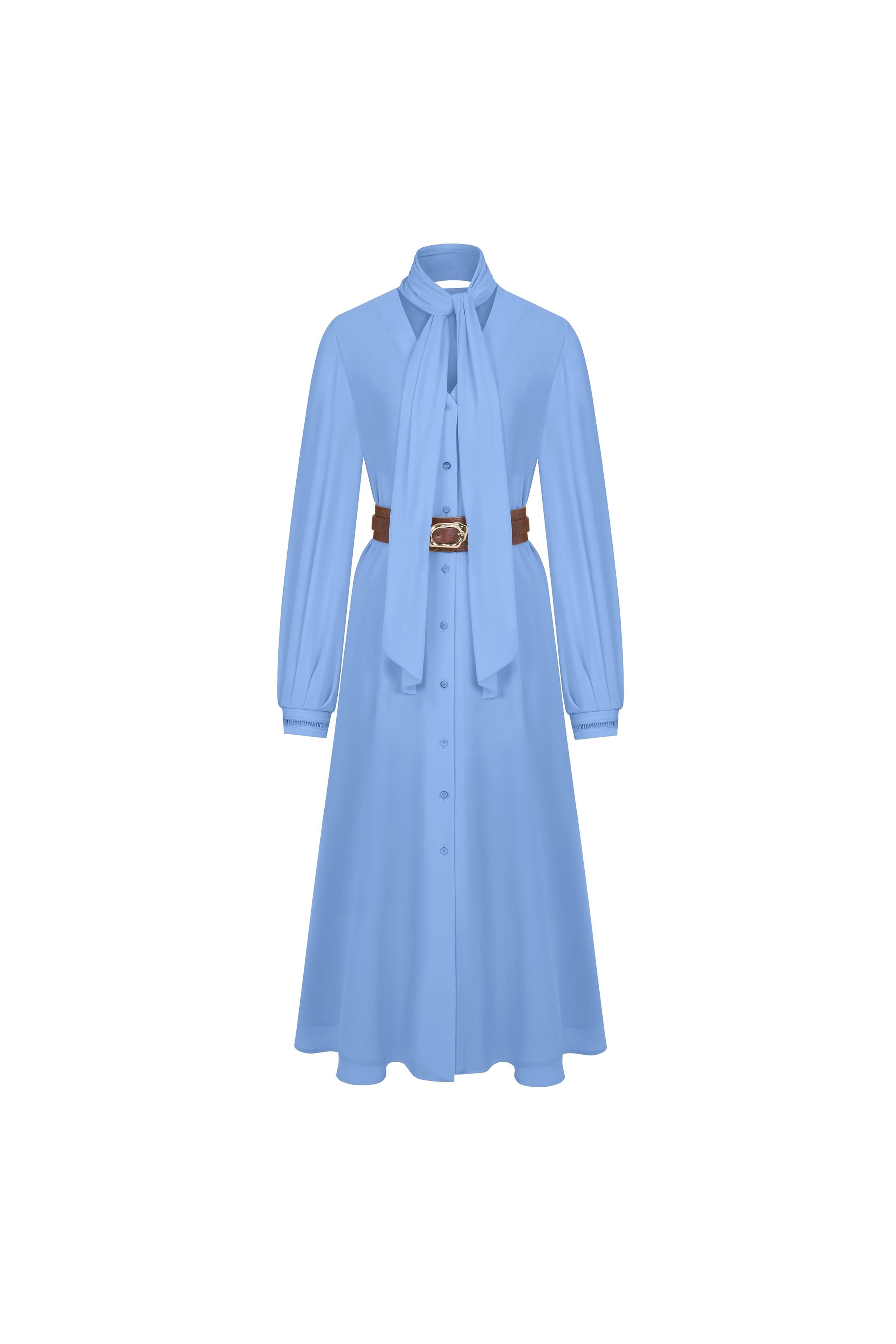 Fular Detaylı Dökümlü Elbise Bazalt Mavisi