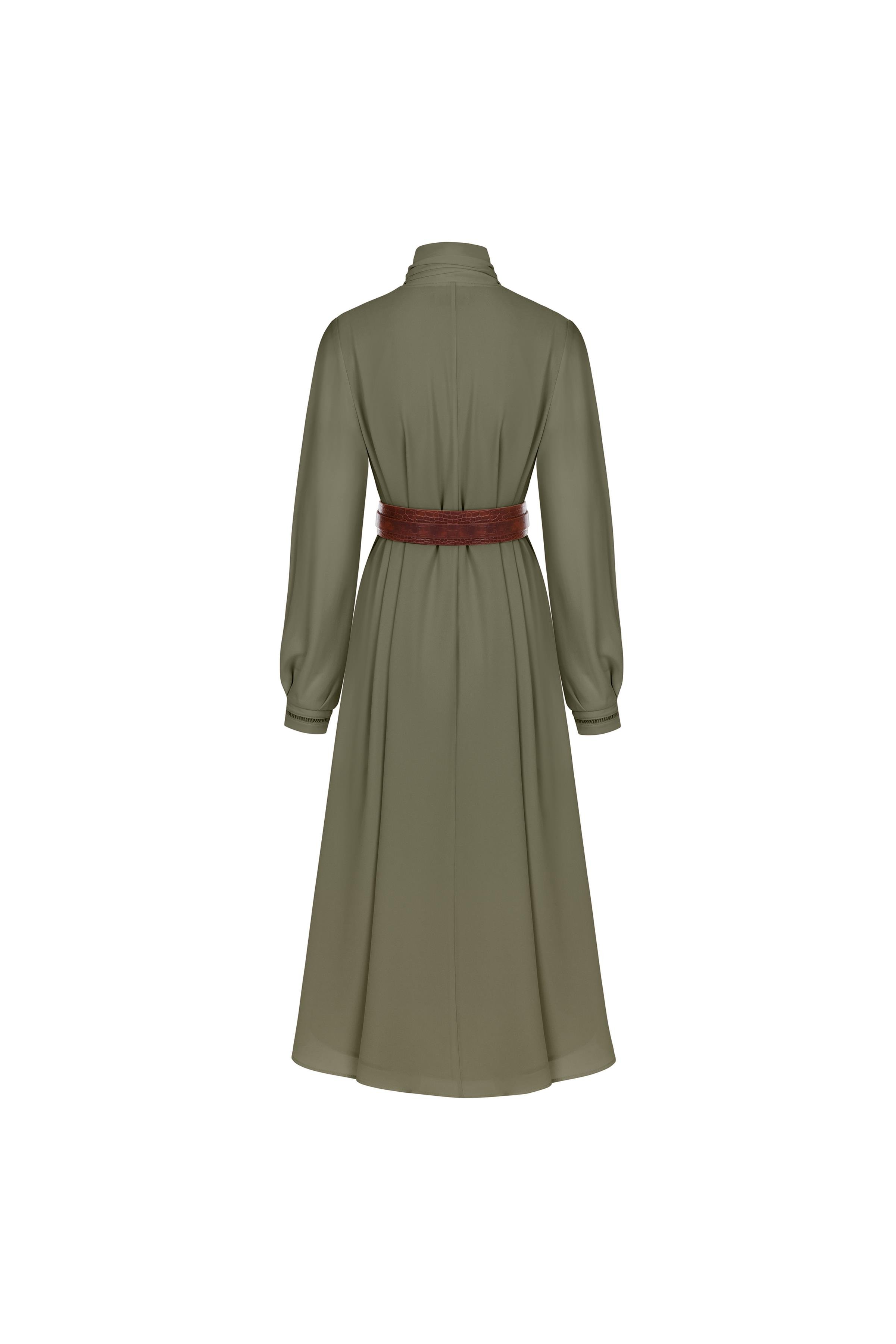 Fular Detaylı Dökümlü Elbise Deniz Yosunu