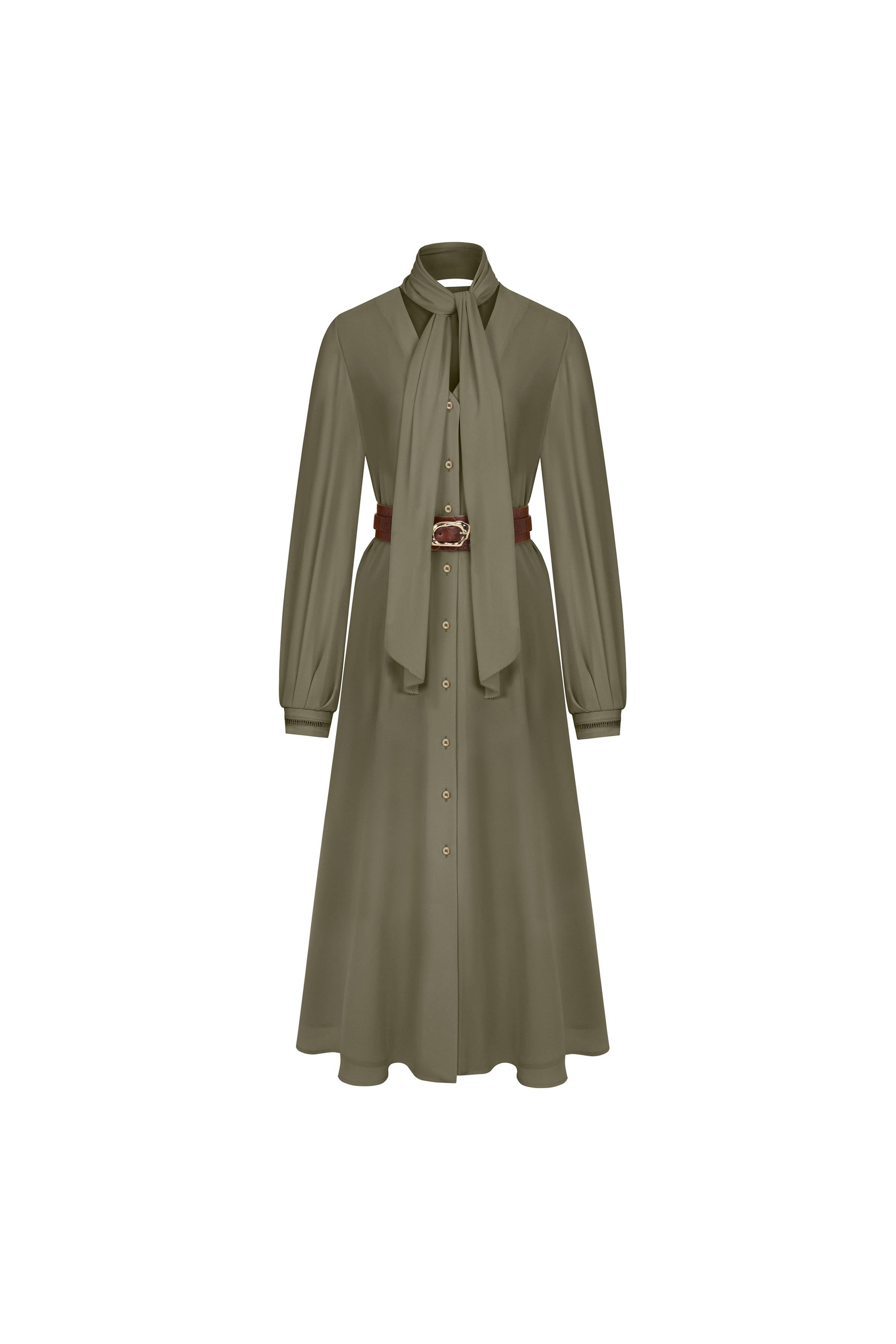 Fular Detaylı Dökümlü Elbise Deniz Yosunu