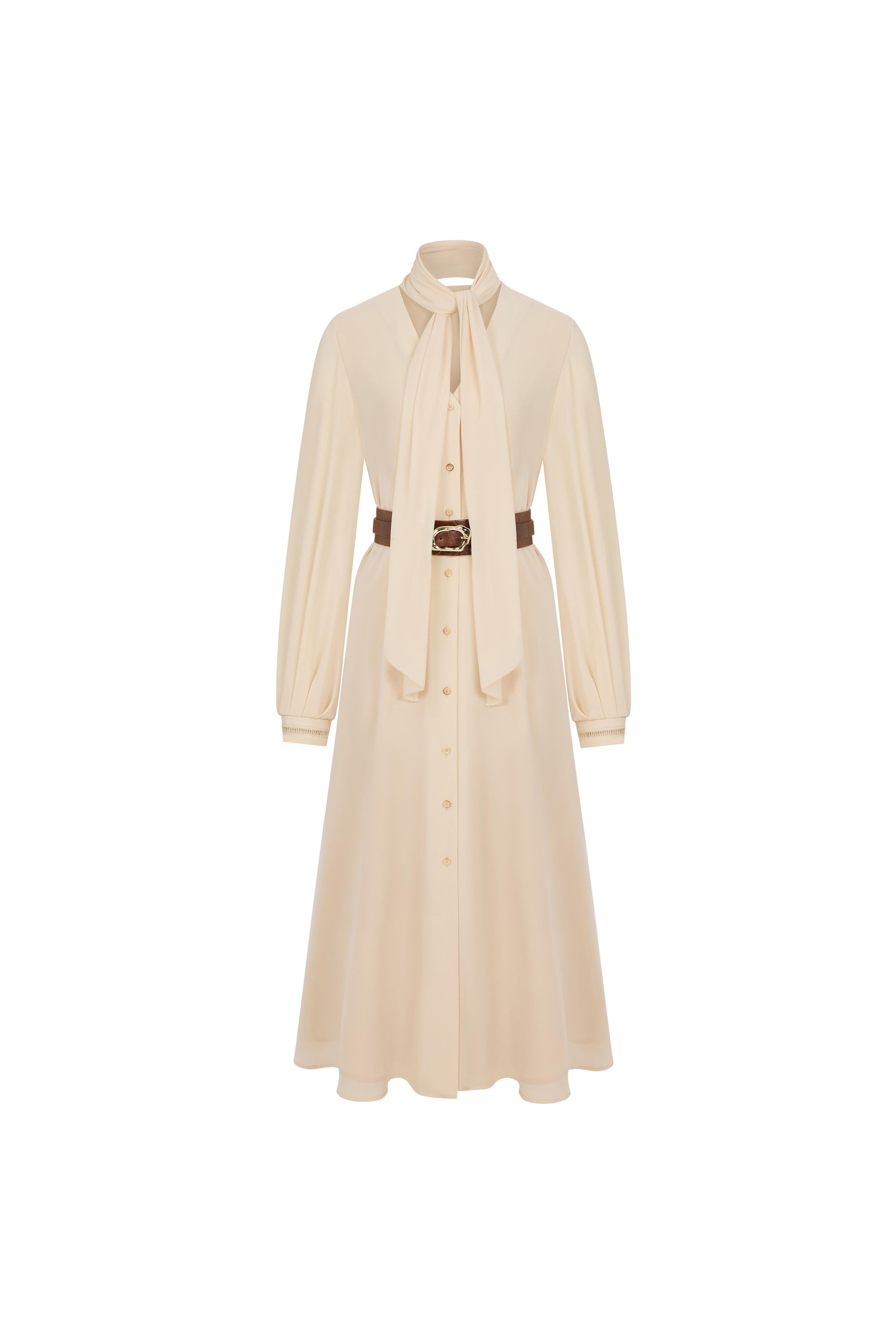 Fular Detaylı Dökümlü Elbise Krem