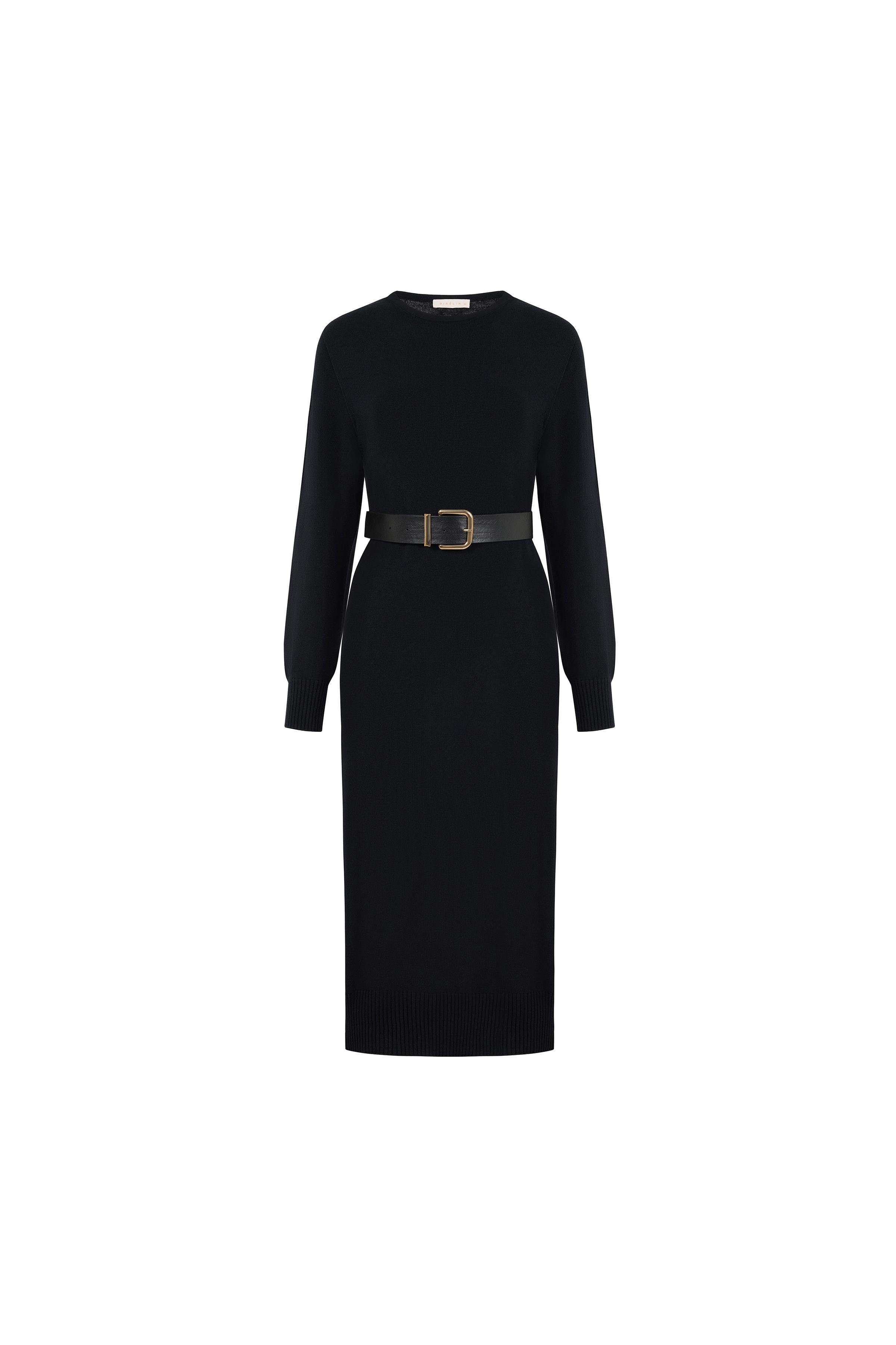 Kemerli Uzun Triko Elbise Siyah