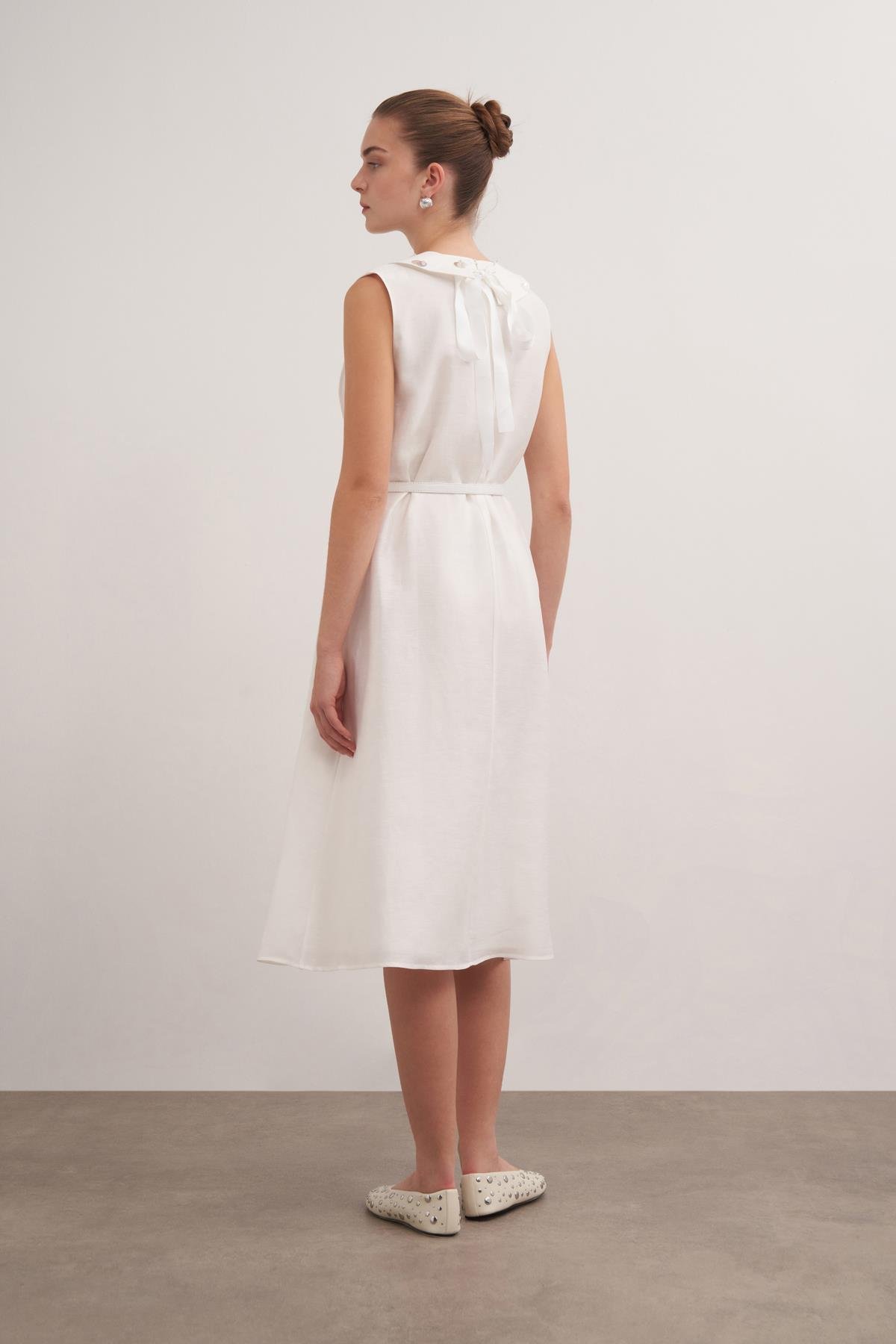Keten Karışımlı Midi Elbise Beyaz
