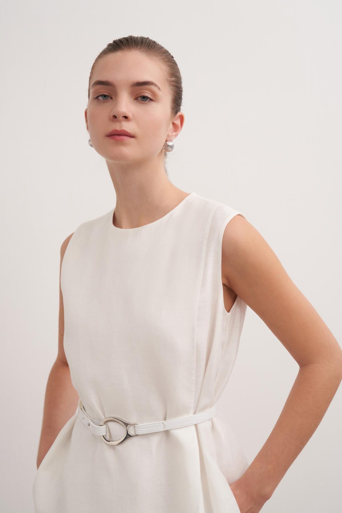 Keten Karışımlı Midi Elbise Beyaz