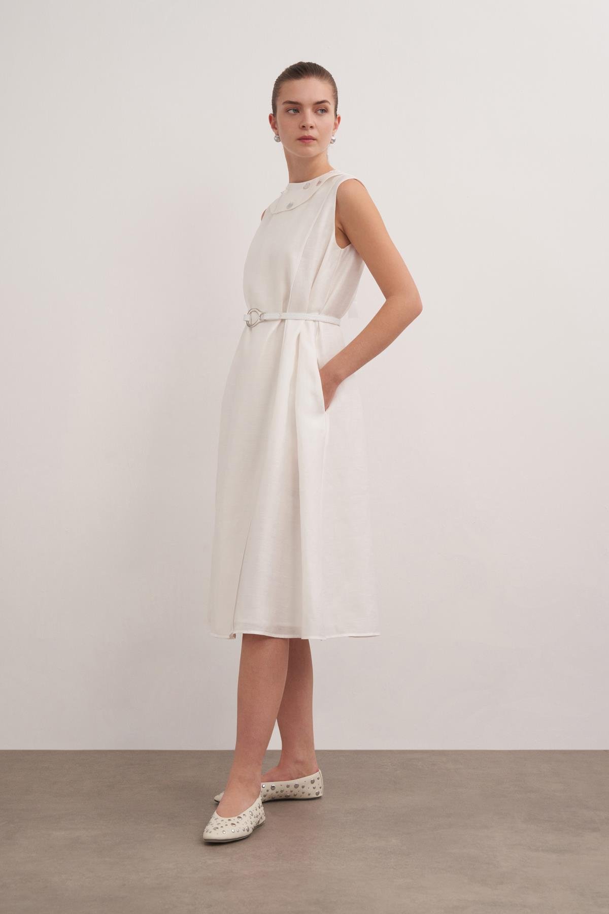 Keten Karışımlı Midi Elbise Beyaz