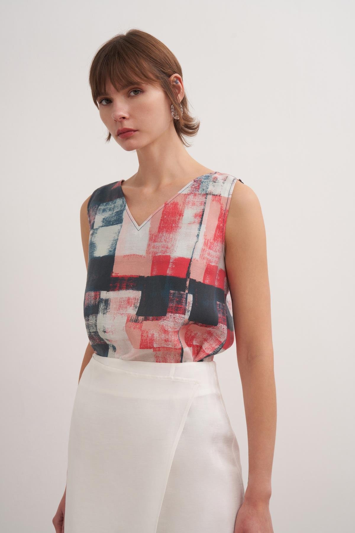 Kolsuz Keten Bluz Baskı