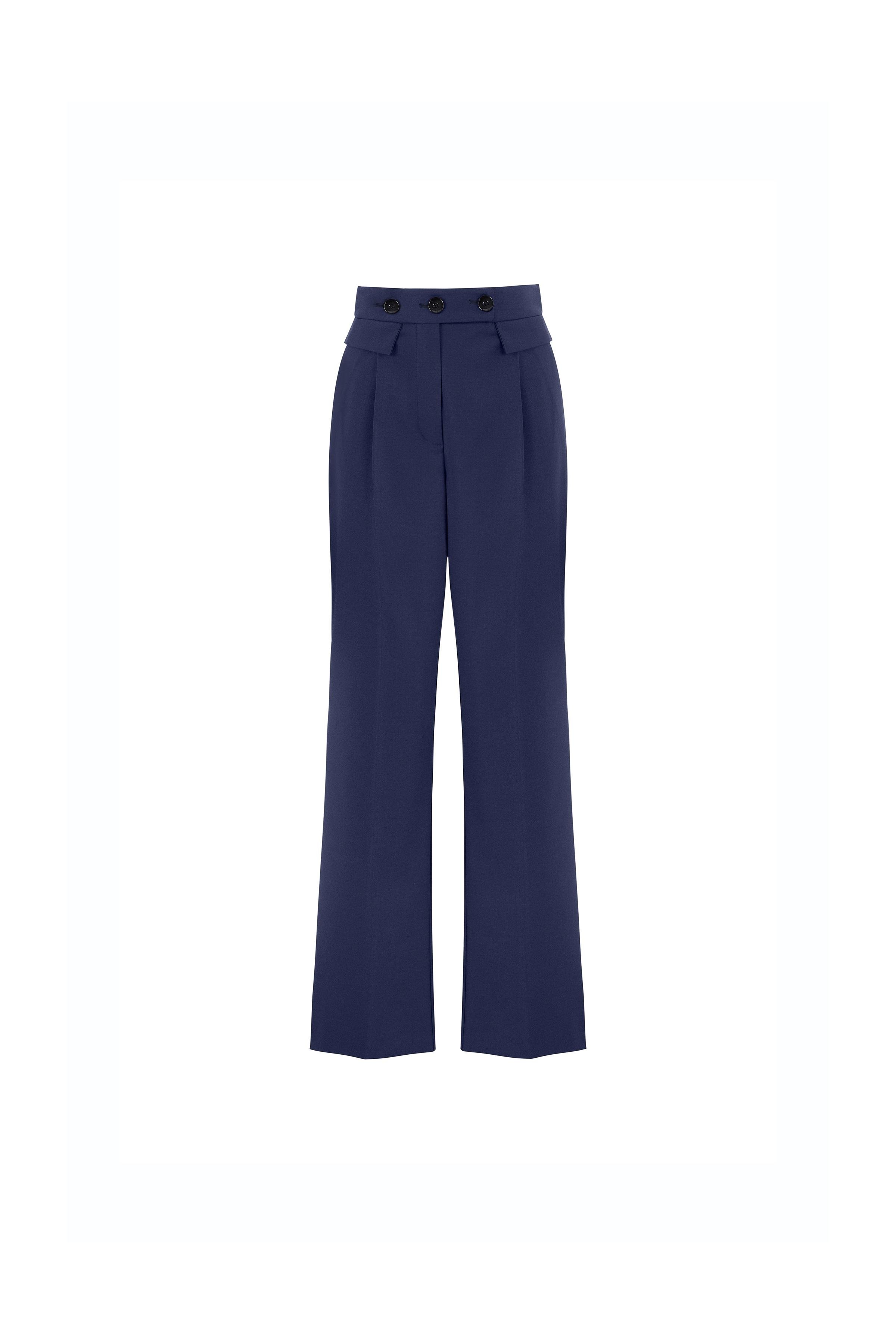 Contrast Button Detailed Wide-leg Wool Blend Trousers Navy