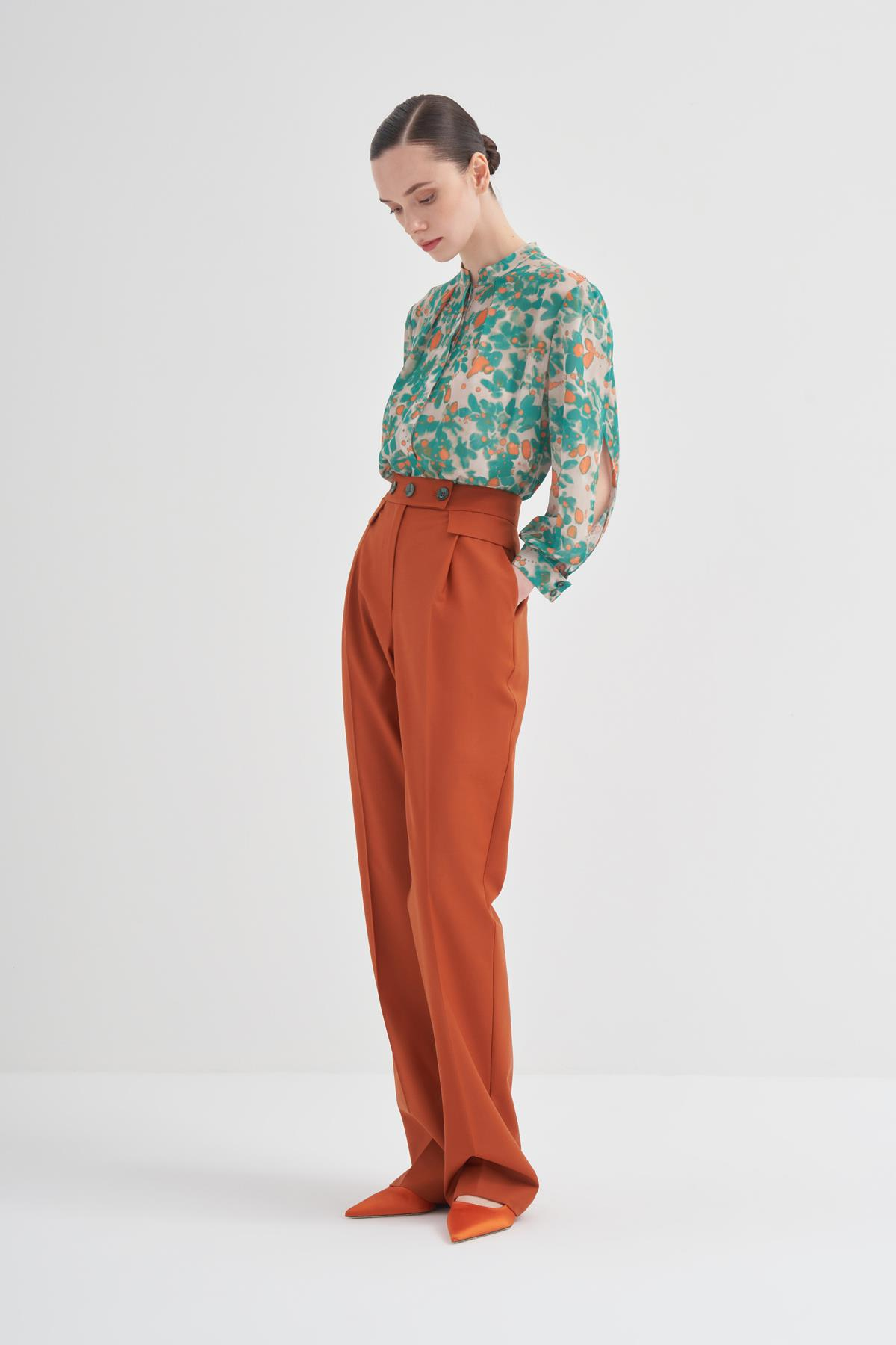 Contrast Button Detailed Wide-leg Wool Blend Trousers Orange