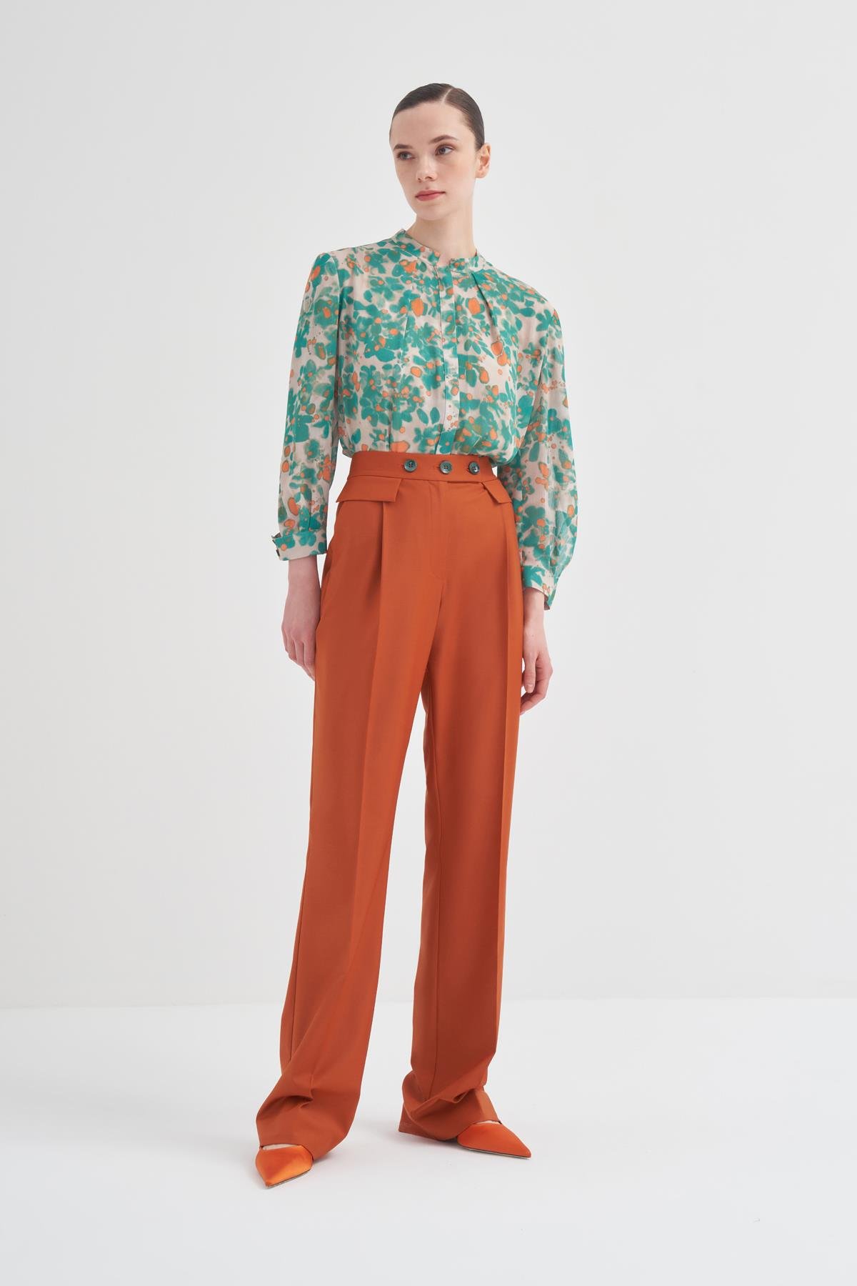 Contrast Button Detailed Wide-leg Wool Blend Trousers Orange