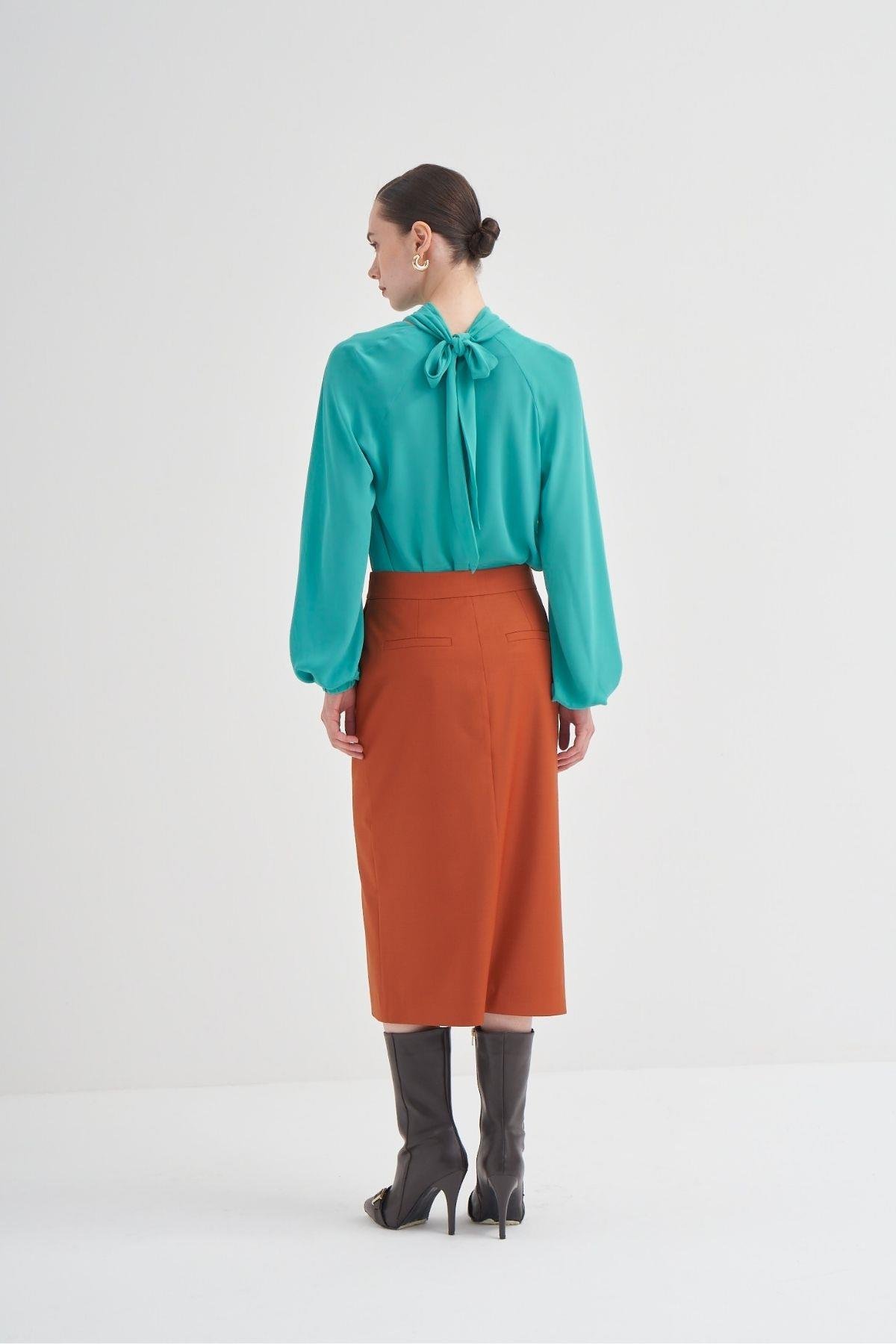 Kontrast Düğme Detaylı Yün Karışımlı Kalem Etek Turuncu