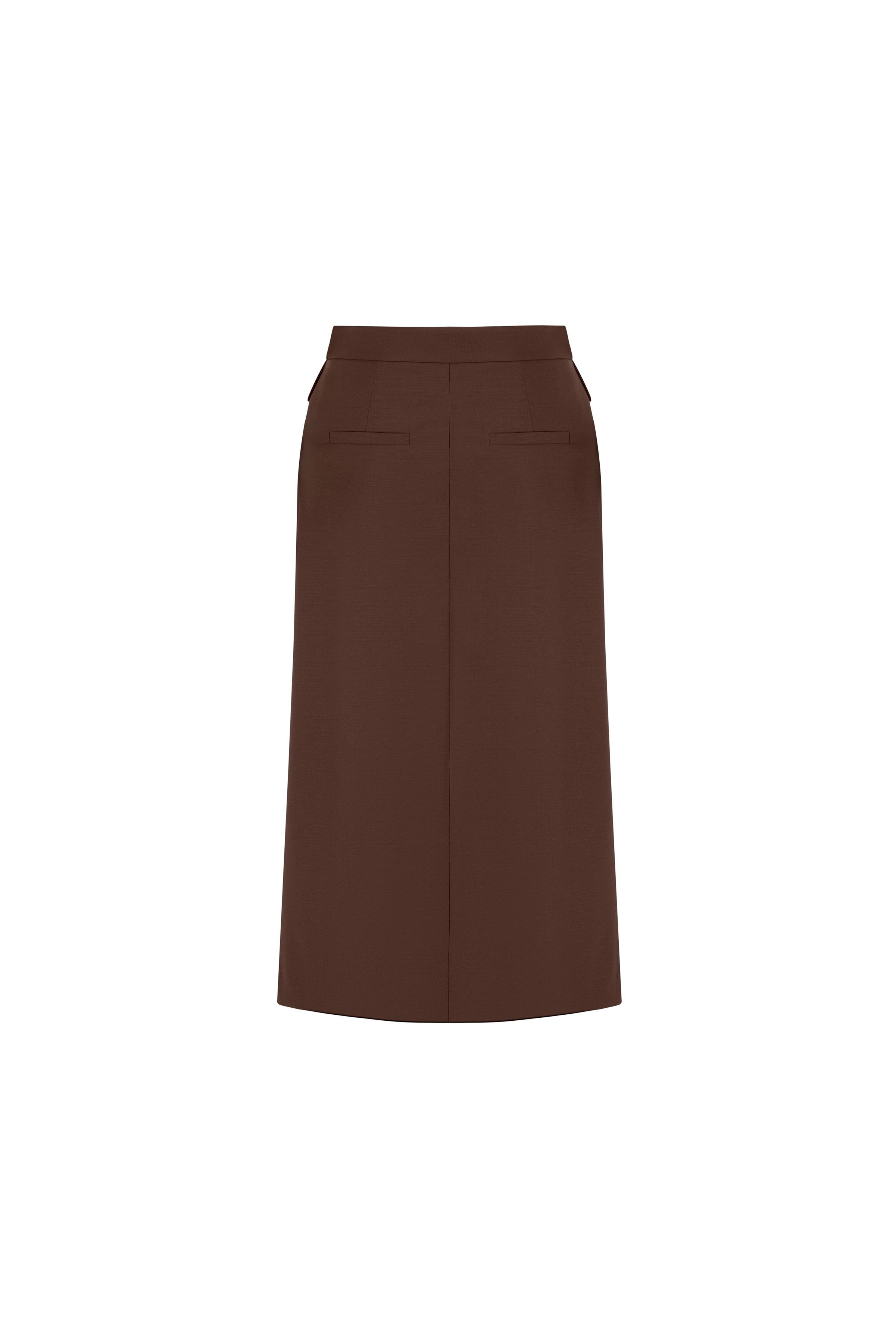 Contrast Button Detailed Wool Blend Pencil Skirt Coffee