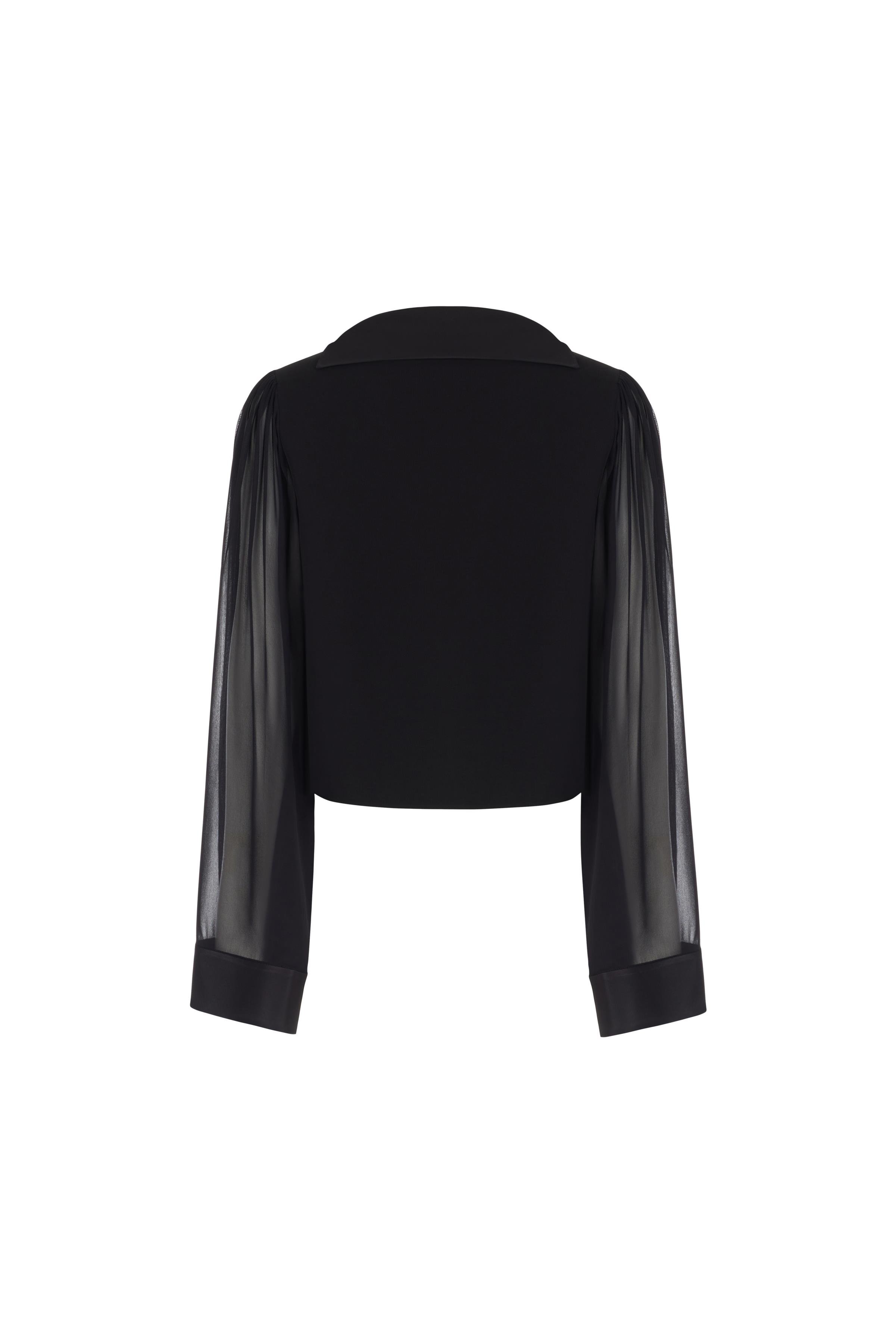 Kristal Taş Broşlu Şifon Kollu Bluz Siyah