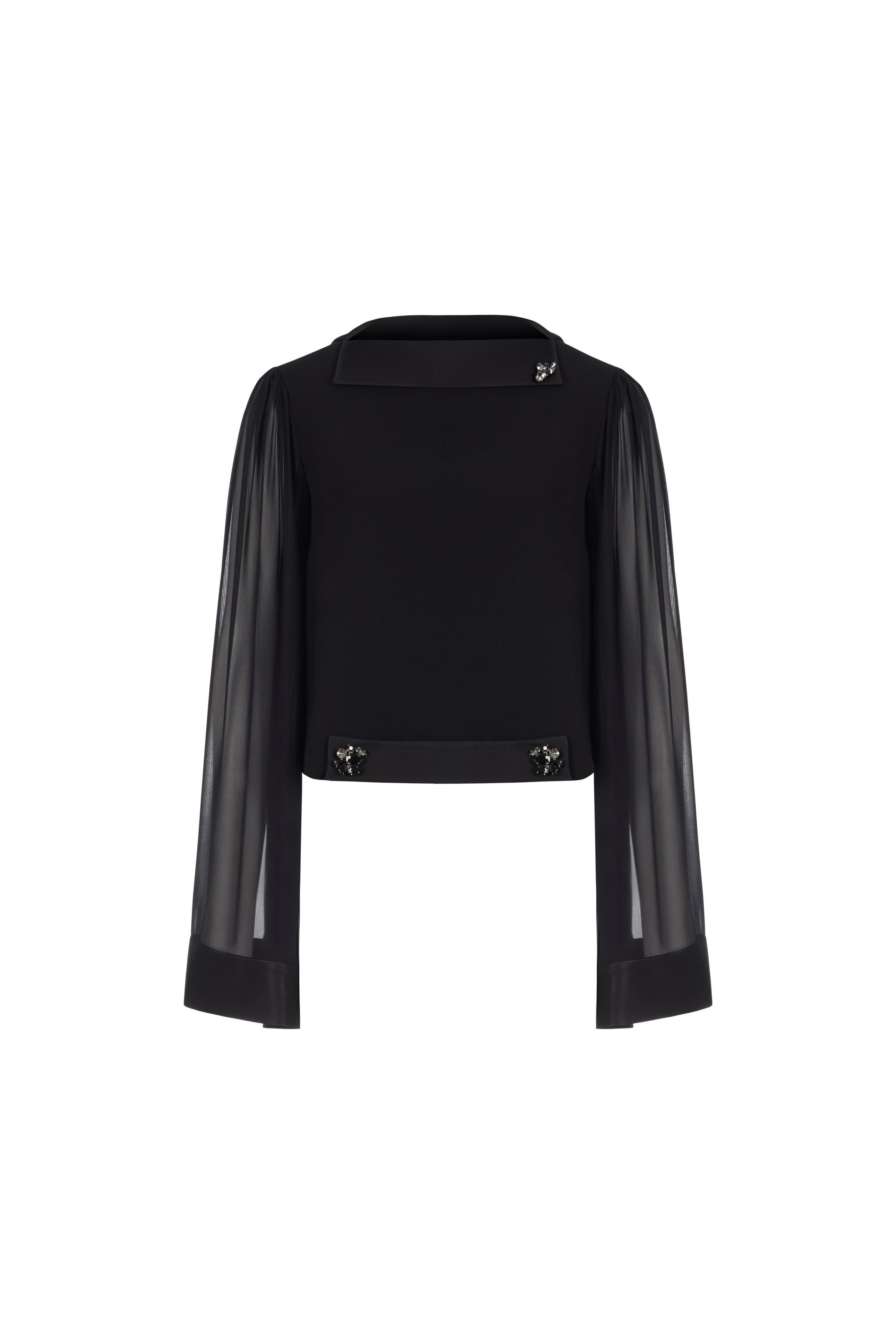 Kristal Taş Broşlu Şifon Kollu Bluz Siyah
