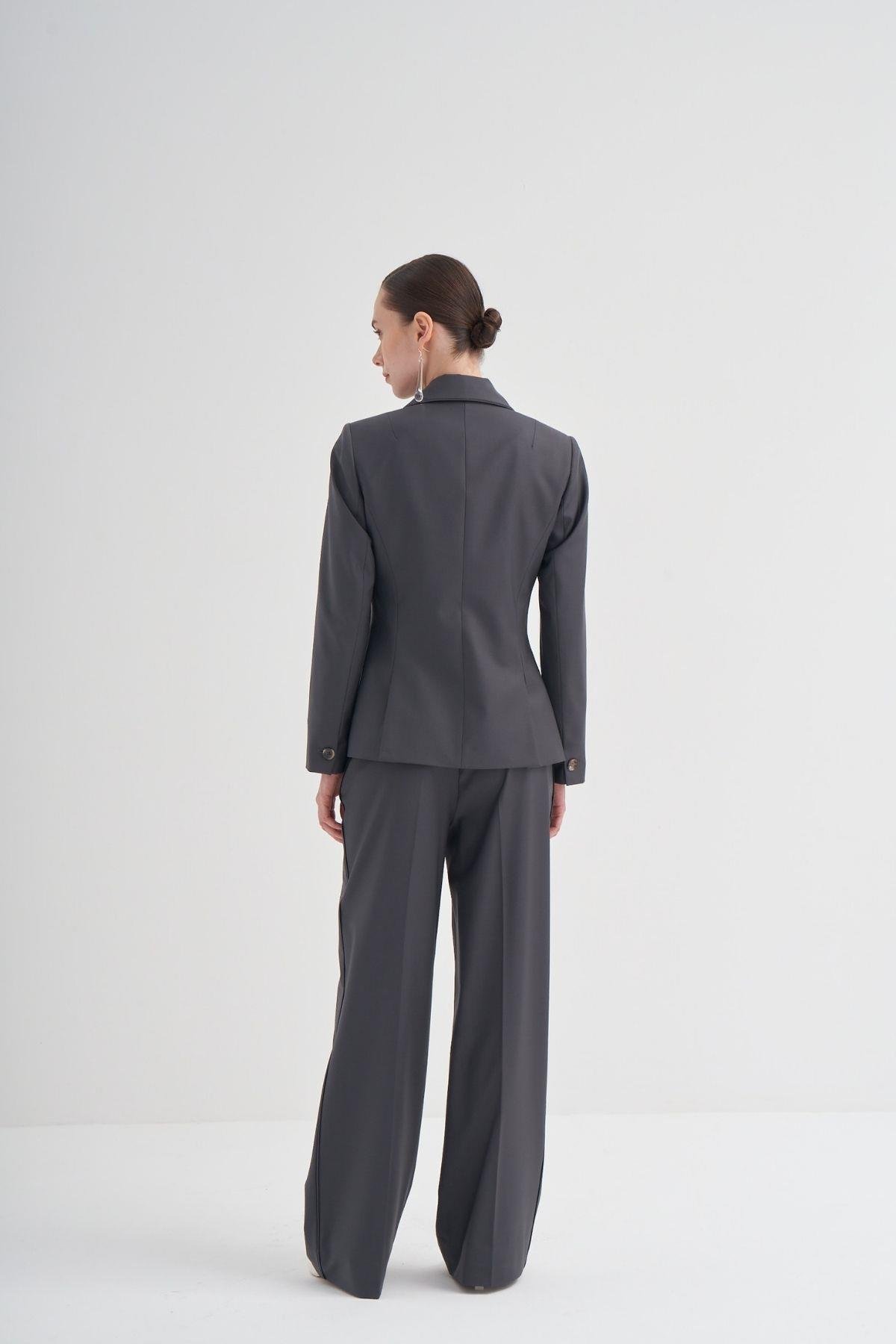 Kruvaze Kapama Yün Karışımlı Ceket Koyu Gri