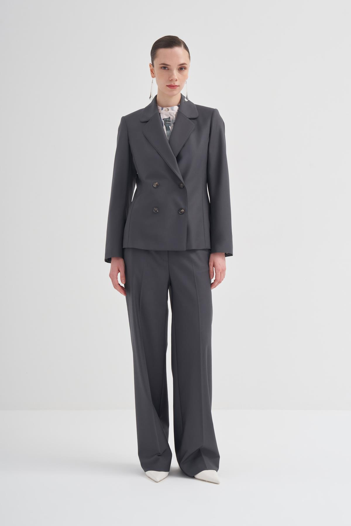 Kruvaze Kapama Yün Karışımlı Ceket Koyu Gri