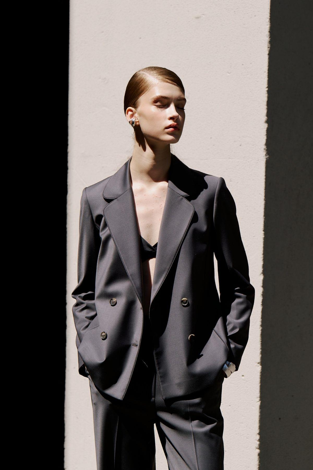 Kruvaze Kapama Yün Karışımlı Ceket Koyu Gri