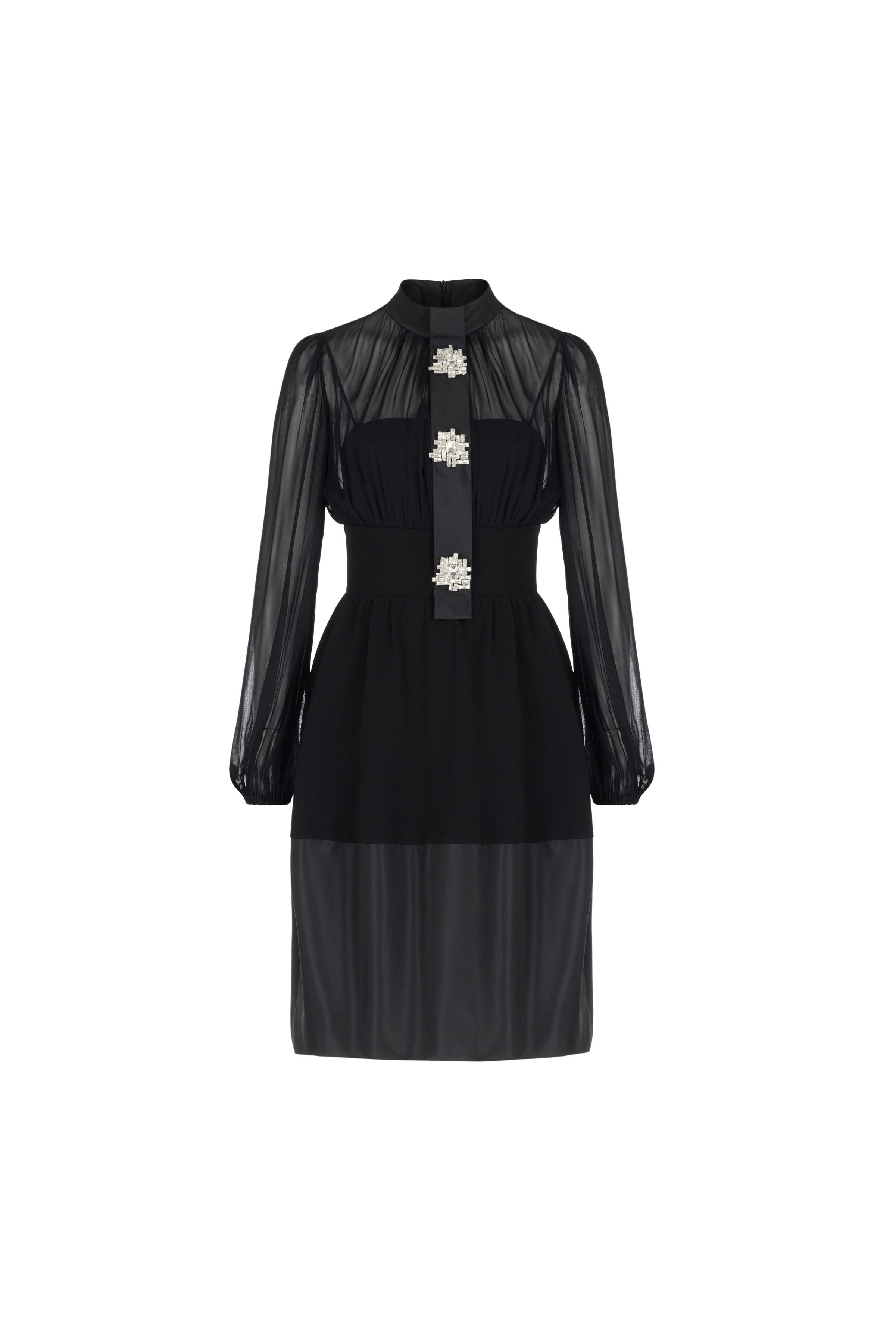 Önü Kristal Broş İşlemeli Şifon Elbise Siyah