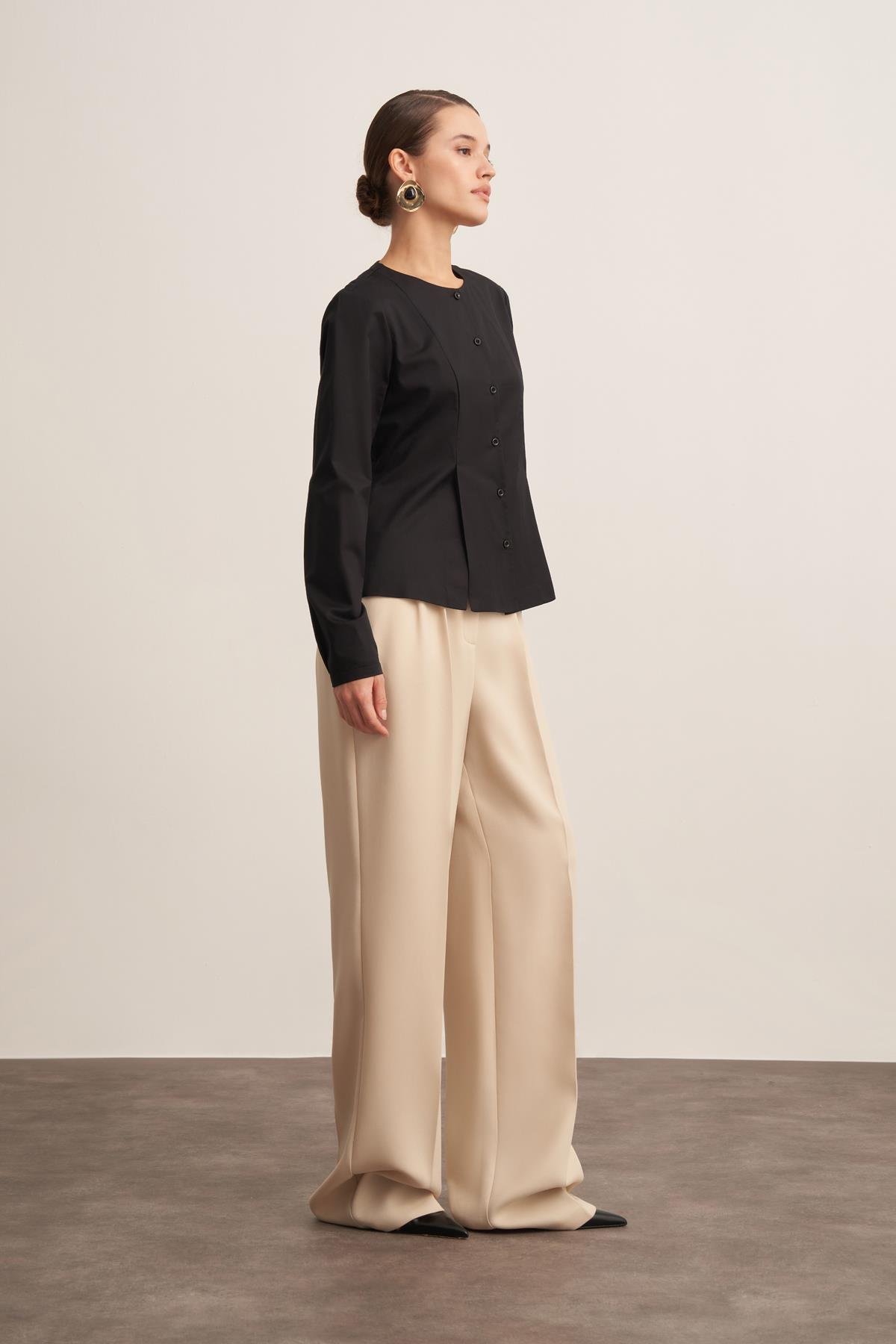 Panel Detaylı Siyah Soft Kadın Gömlek