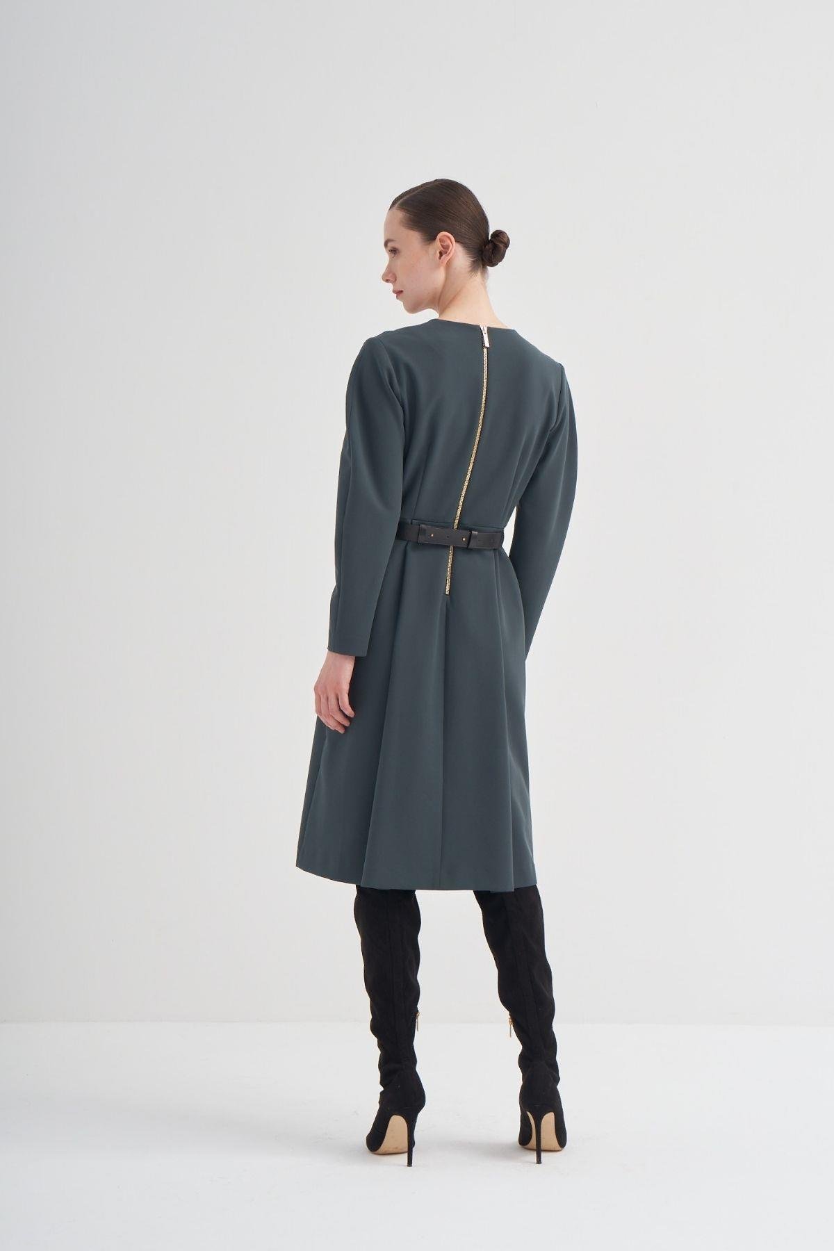 Pleated Polyviscose Dress Deep Forest