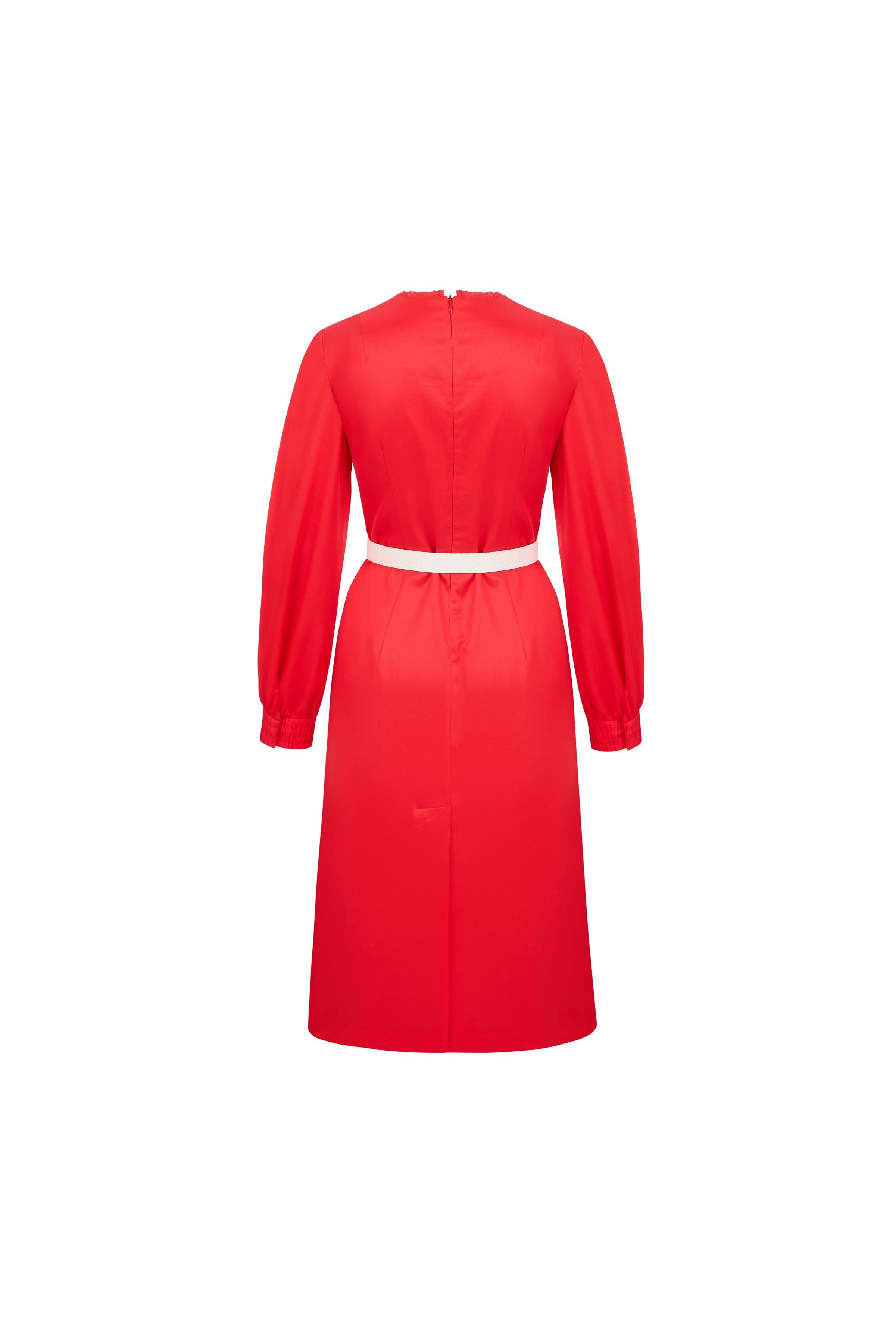 Pleat-pressing Detail Cotton Dress Red