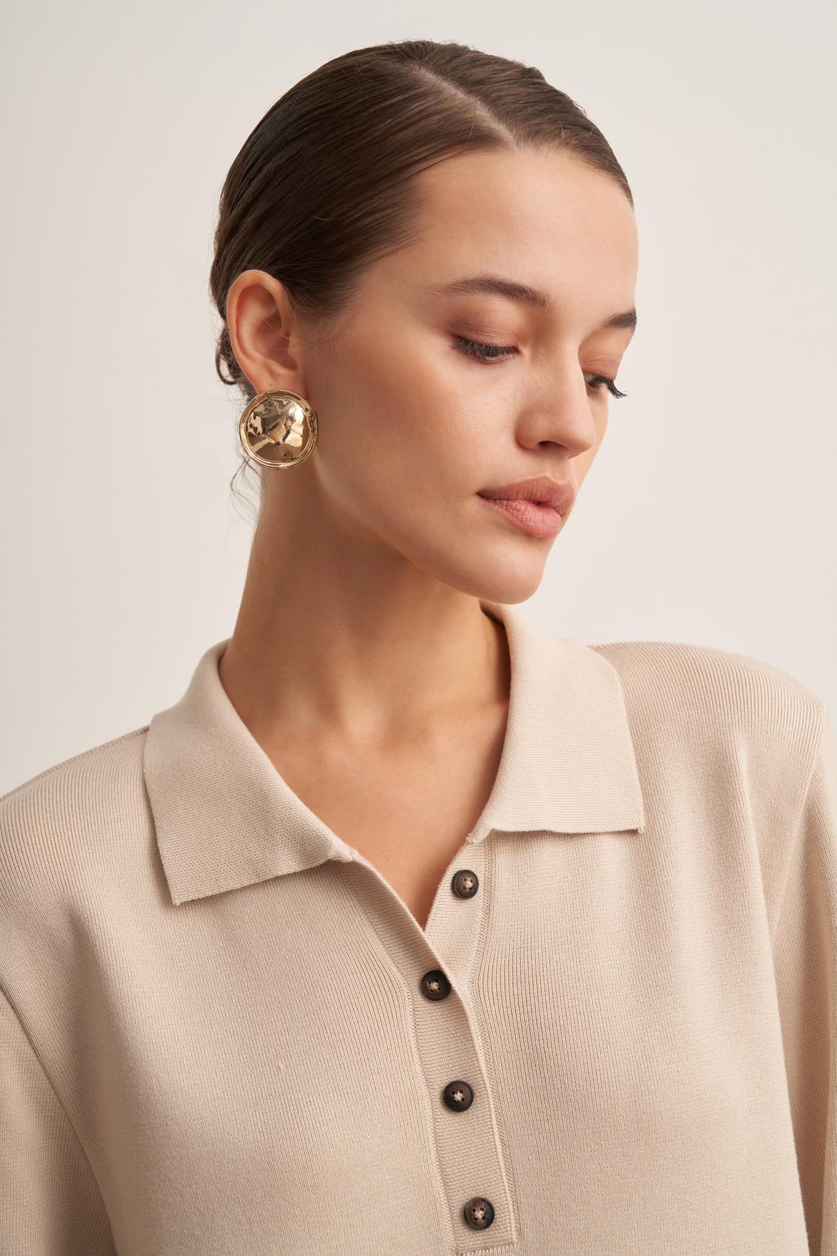 Polo Yaka Bej Midi Triko Elbise