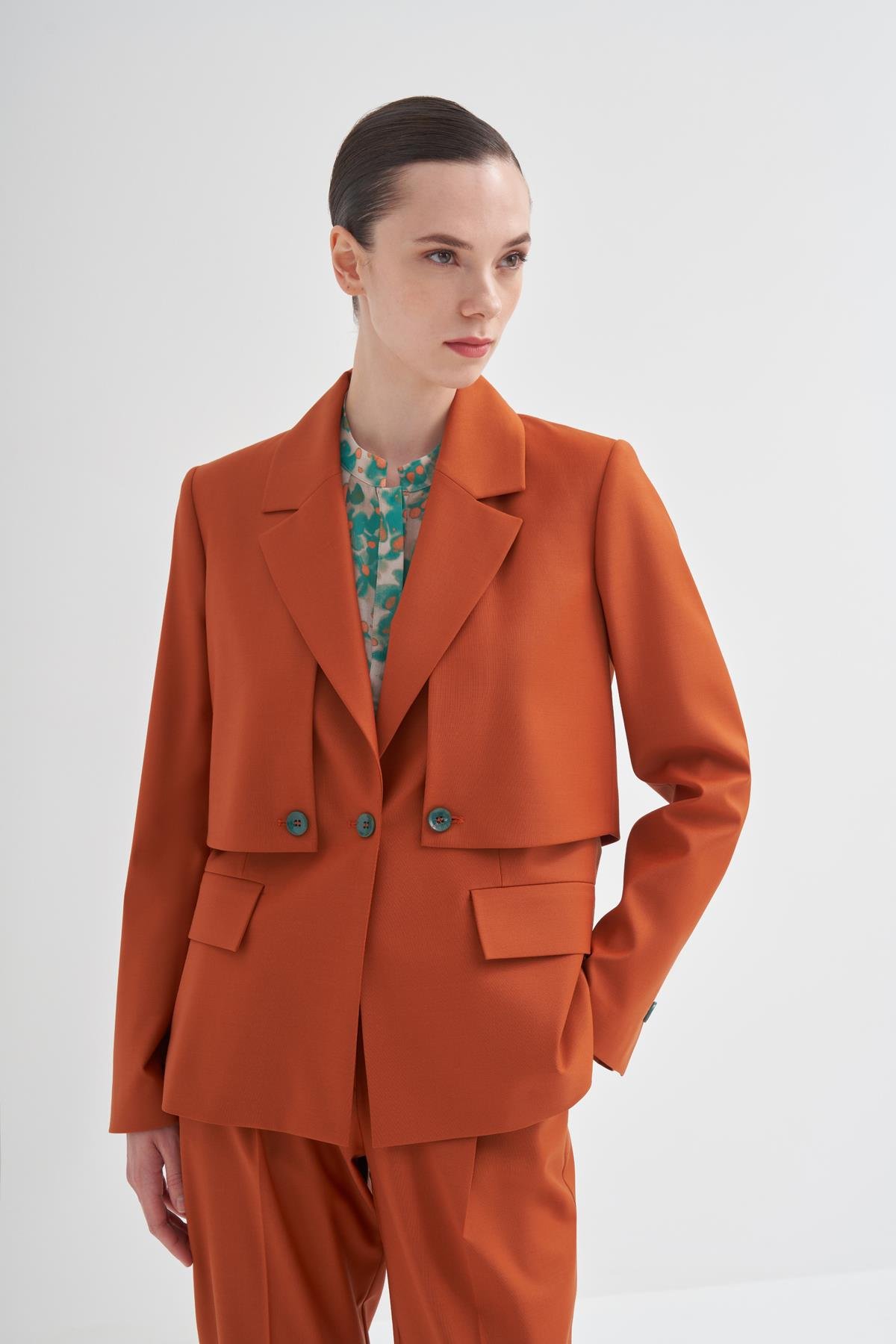 Rüzgarlık Detaylı Yün Karışımlı Ceket Turuncu