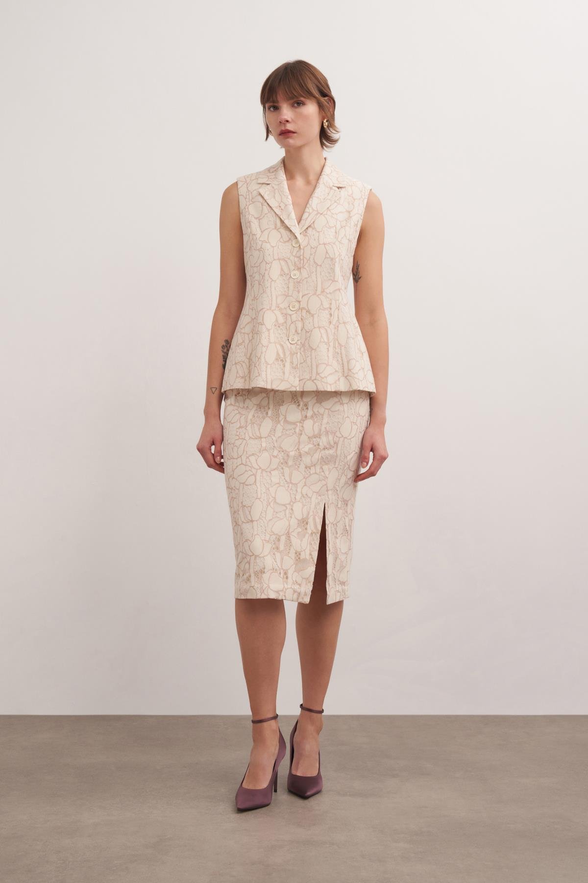 Lace Overlay Pencil Skirt Ecru