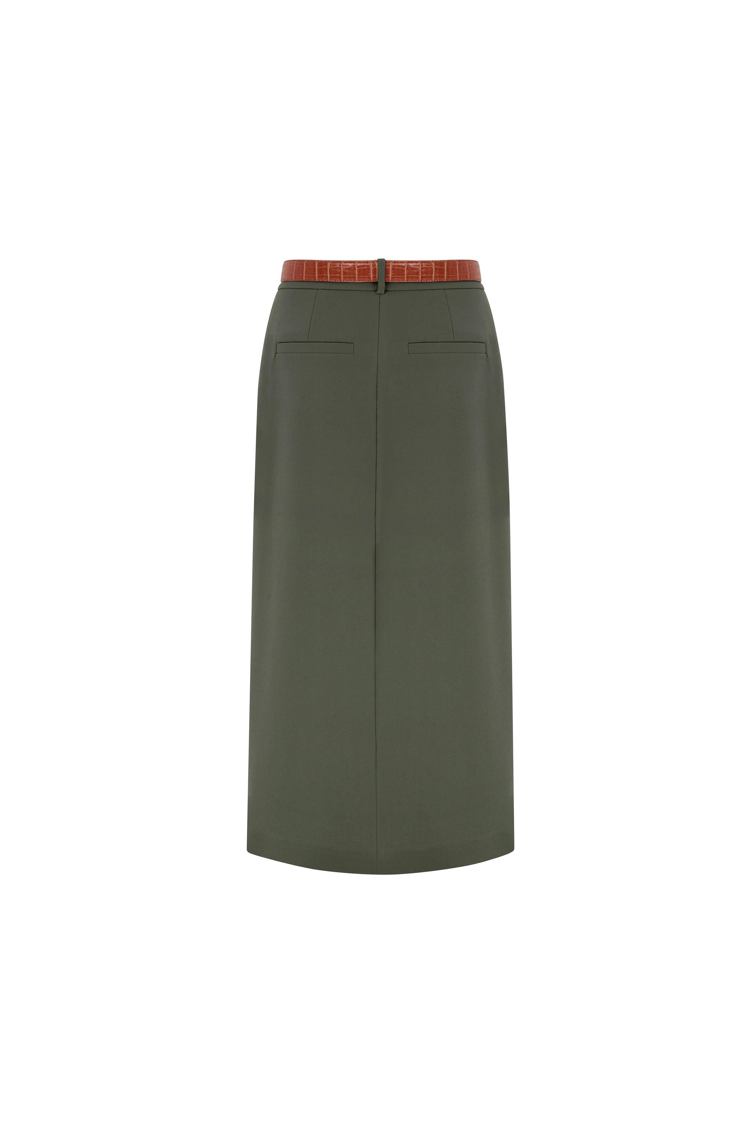 Suni Deri Kemerli Krep Etek Deniz Yosunu