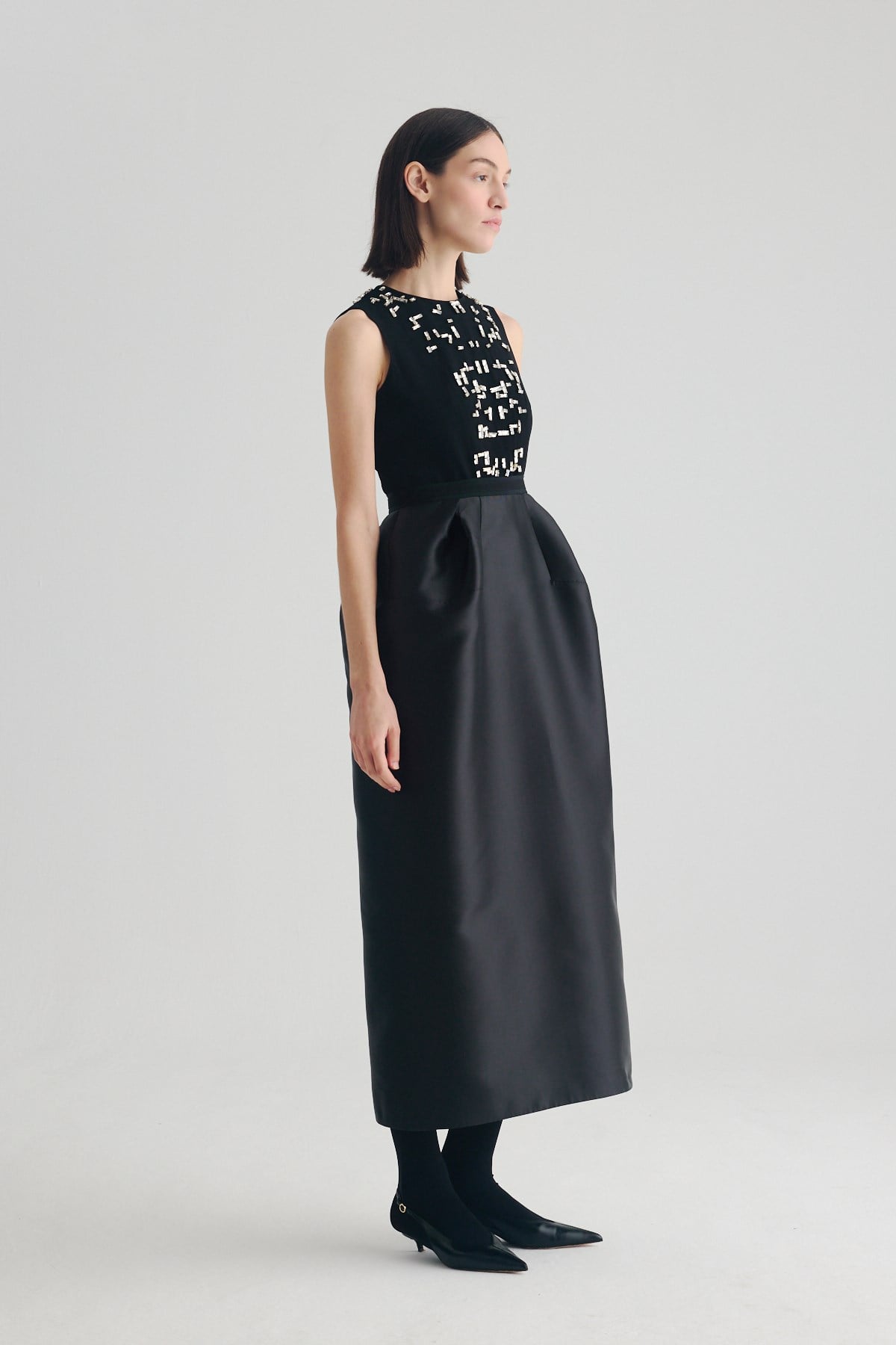 Stone Embroidered Box Dress Black
