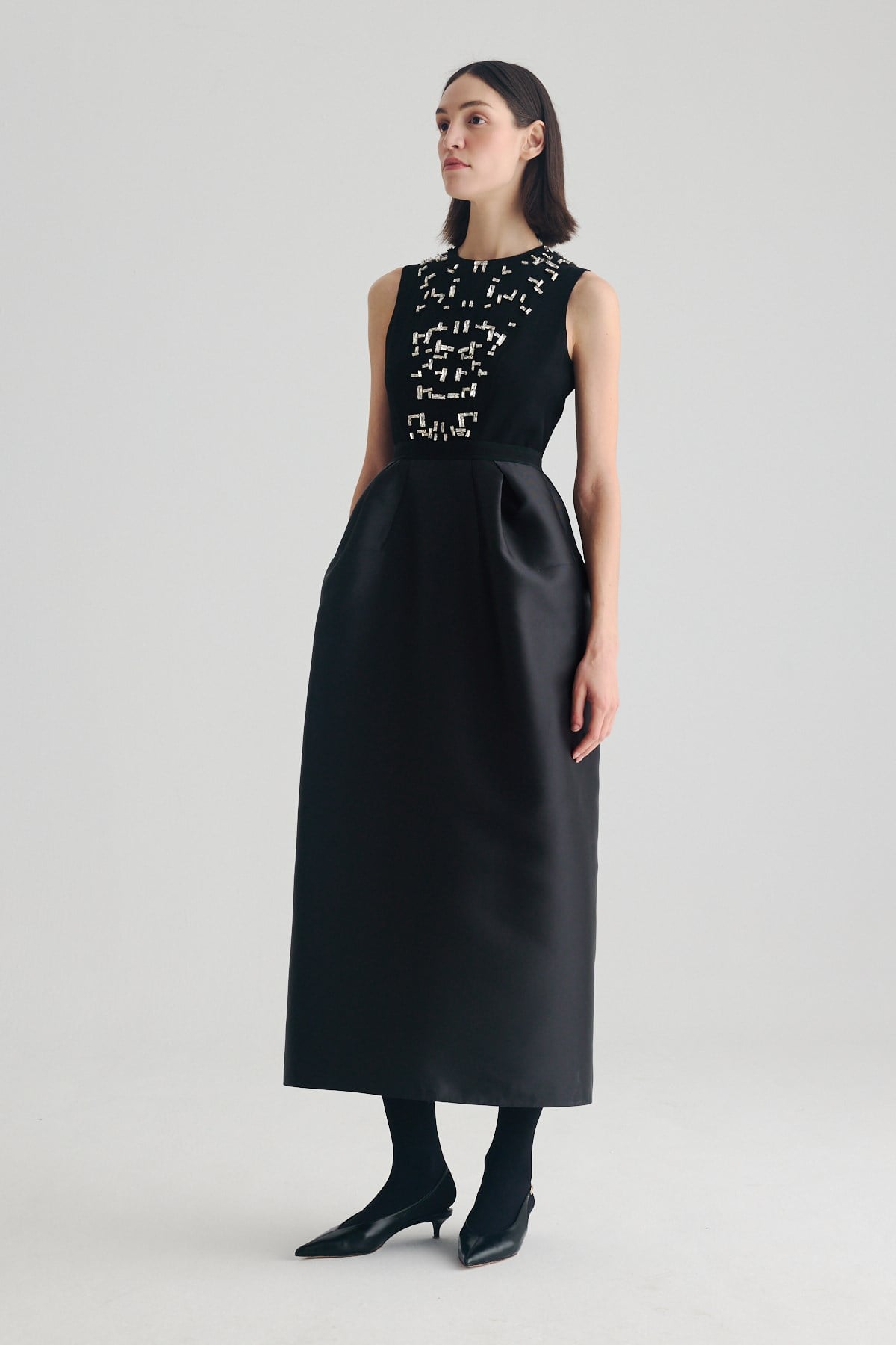 Stone Embroidered Box Dress Black