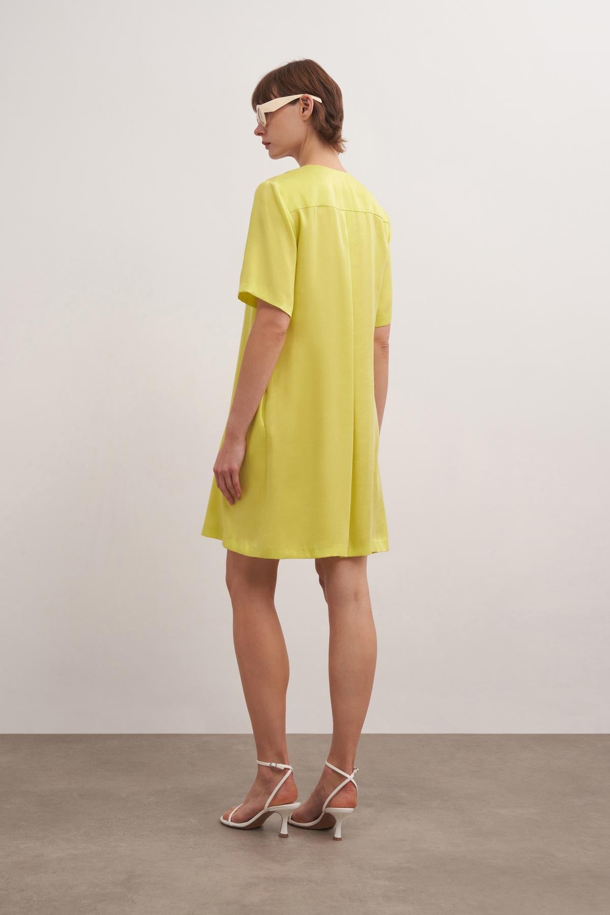 Tencel Karışımlı Diz Üstü Elbise Limon